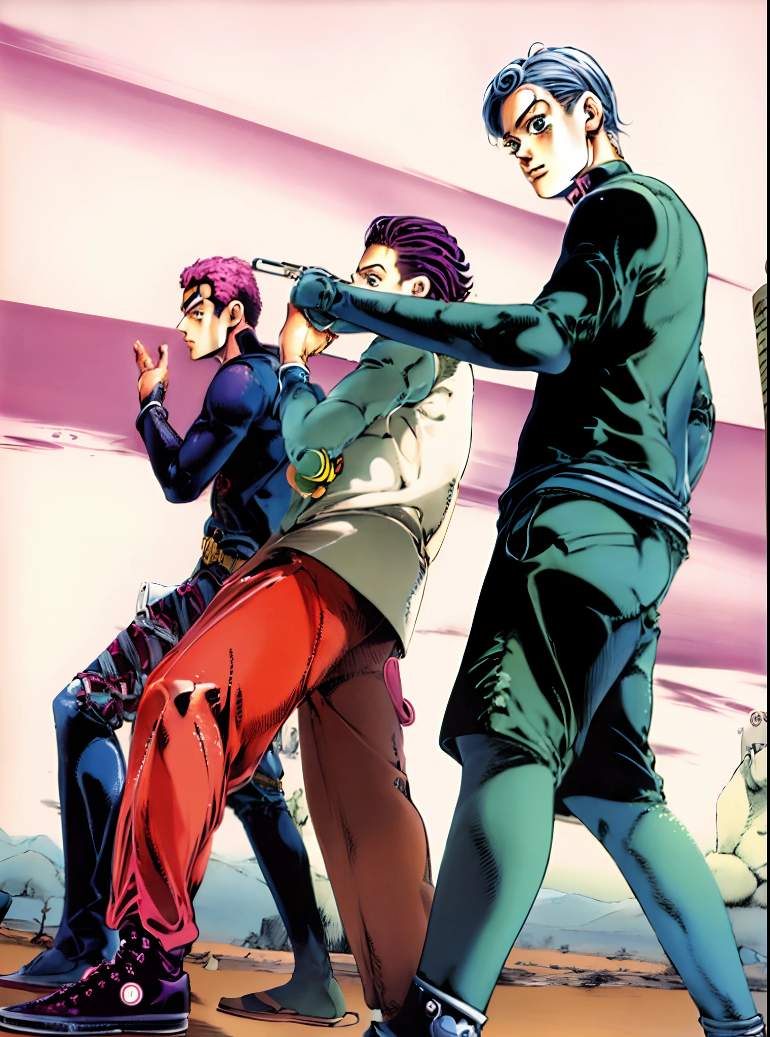 there as 3 guys posing, masterpiece, manga art, best quality, scan, color tones, illustration, anime, simple coloring, jojo style, araki style, desert background