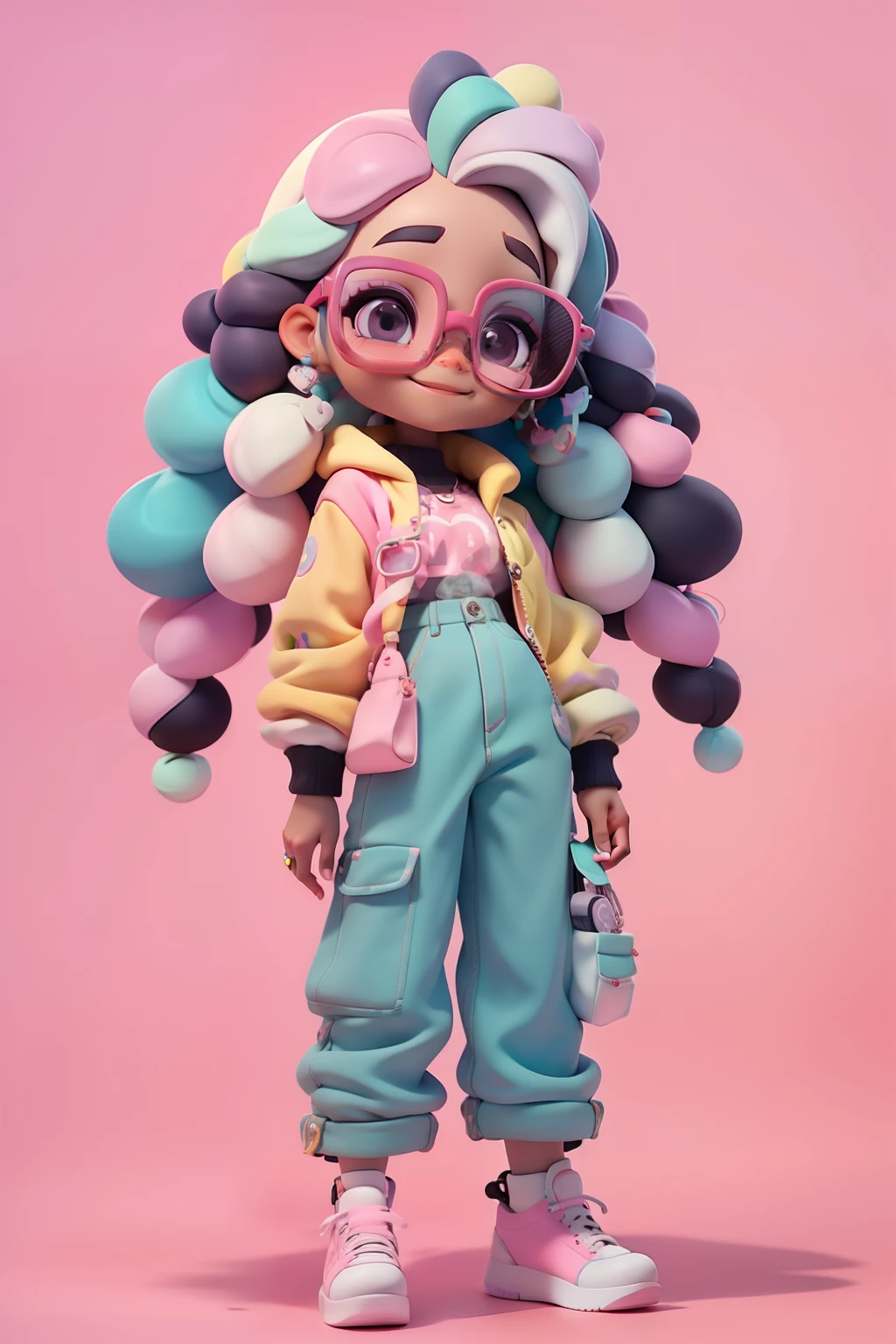 Loli Alice negra dread's fofa, Eyeglasses, menina meiga, olhos delicados, multicolorido, tom pastel, Pants, moletom, sorriso delicado, fundo simples e branco