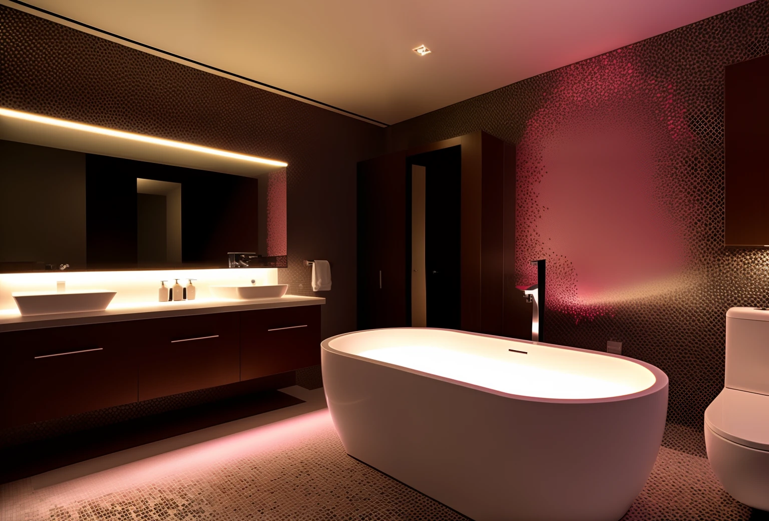 Dark bathroom with a bathtub illuminated by colored LEDs and rose petals