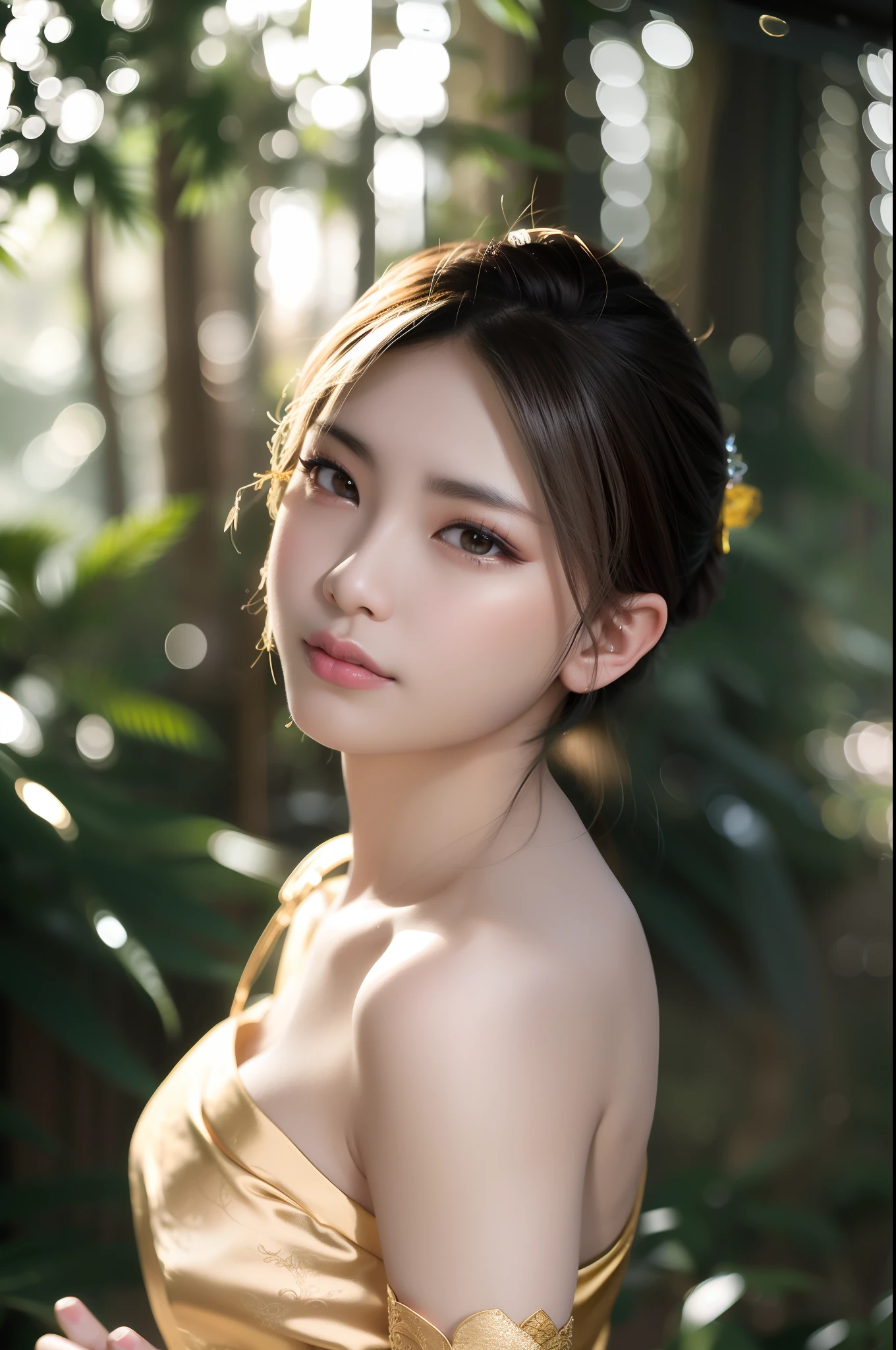 araffe asian woman in a gold dress posing for a picture, Soft portrait shot 8 K, gorgeous chinese models, shot on nikon z9, shot on canon eos r 5, shot on a Canon EOS R5, Photo taken with Sony A7R, young cute wan asian face, Beautiful Asian girl, Beautiful young Korean woman, 8K Artgerm bokeh