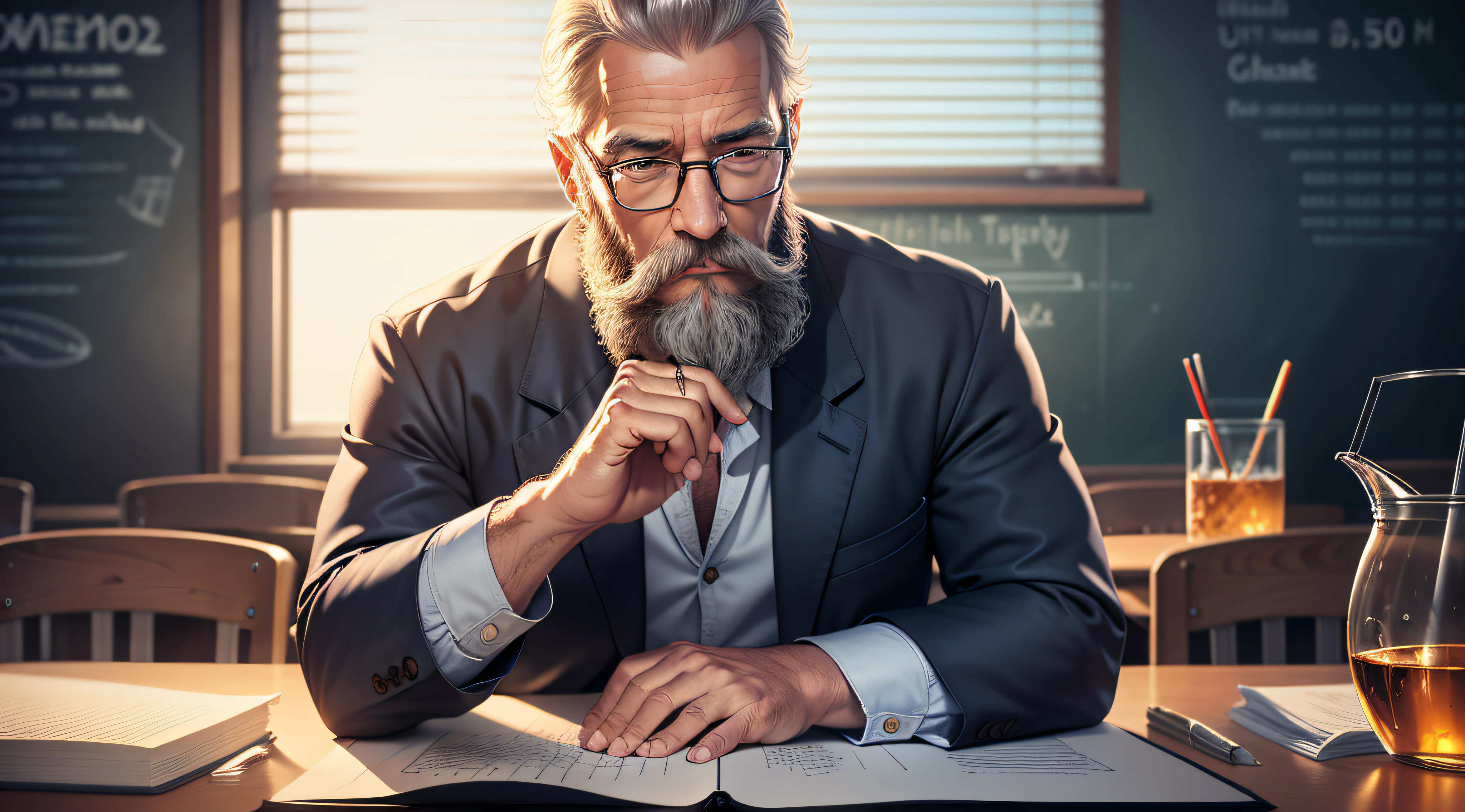 Drawing, ultra realistic, 8k, extremely detailed, in the best quality, a man, looking 50 years old, teacher, with beard, and glasses, in a classroom, and in his hands a large transparent and empty glass jug.