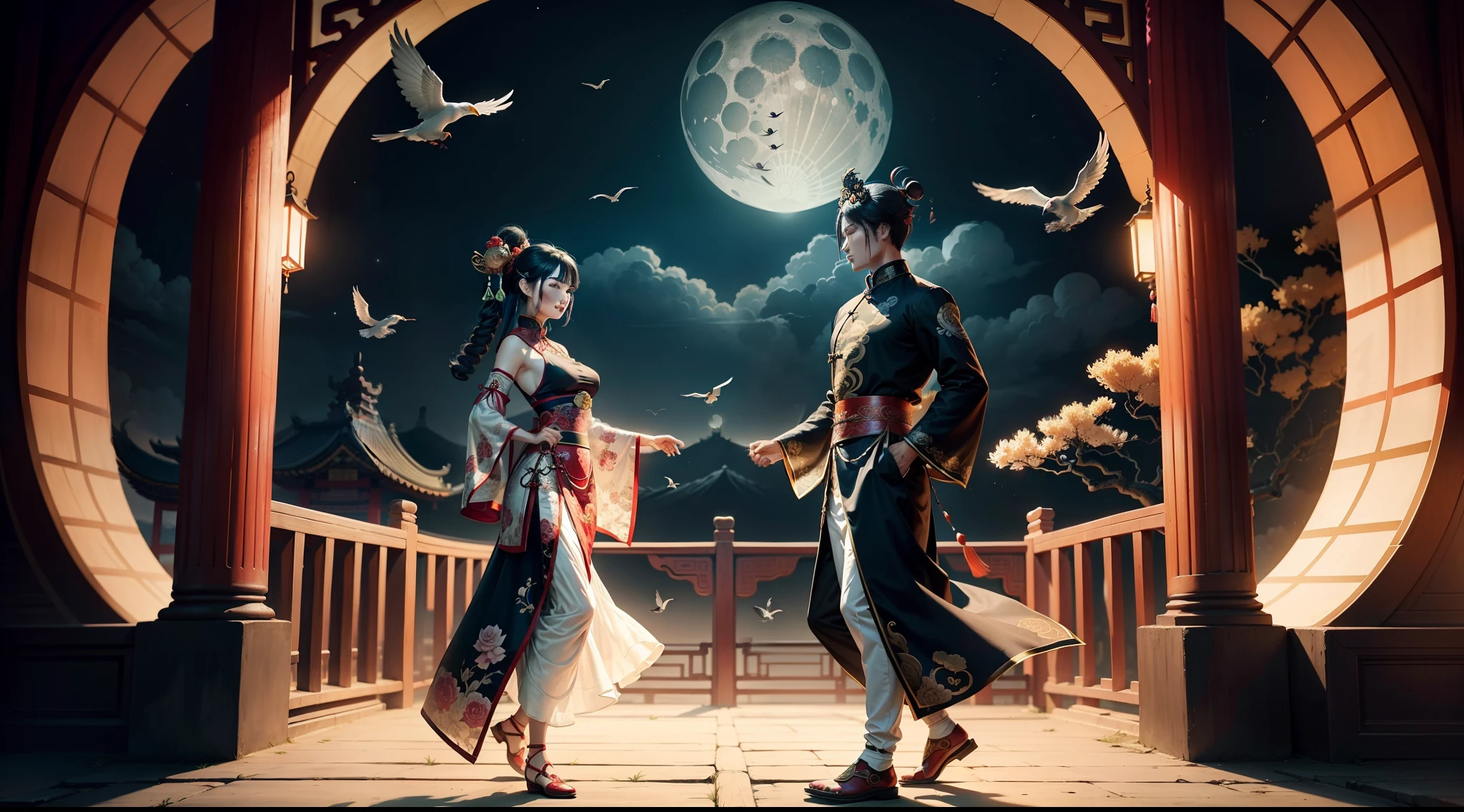 Ink style image of a man dressed in ancient Chinese costume and a woman dressed in ancient Chinese costume meet on a suspended arched bridge, surrounded by magpies, and at night, there is a soft moon and moonlight