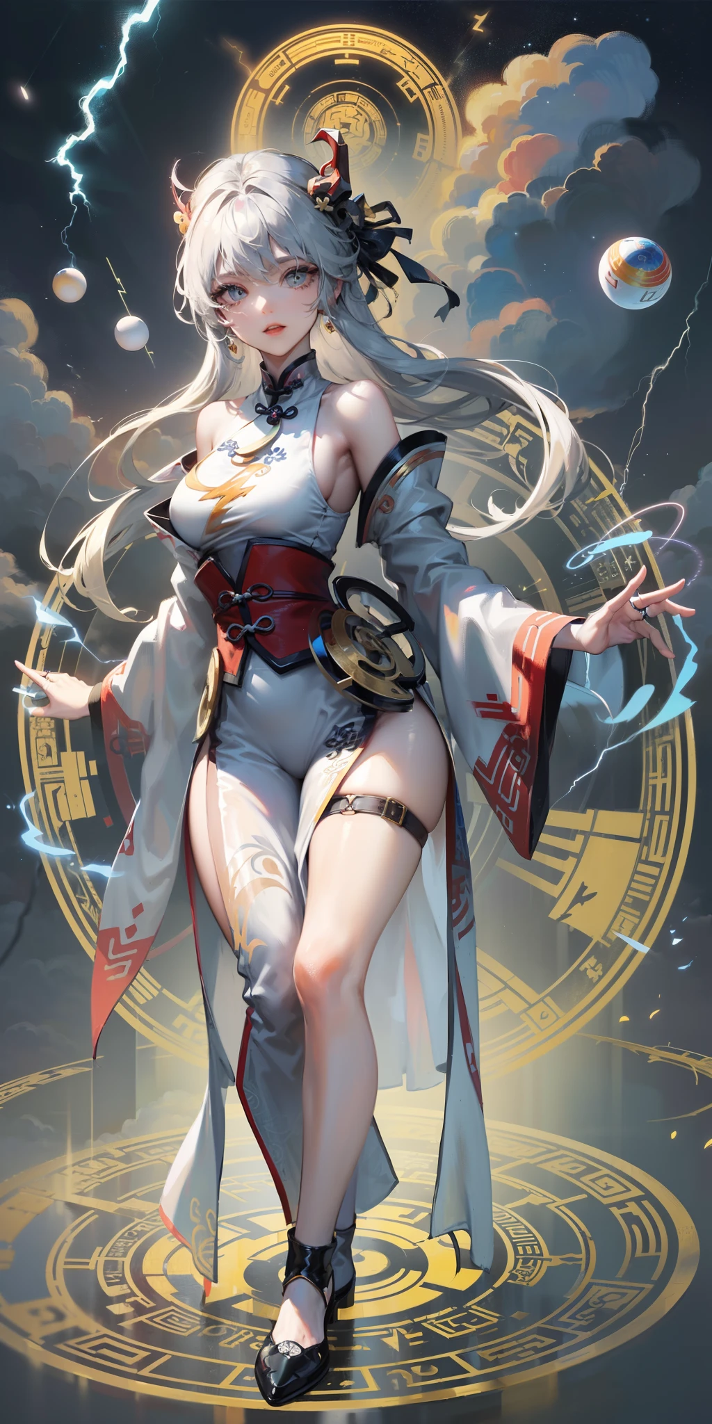 A girl,Solo,Full body shot,pulsating,Clear water,Put on a splash of oil in a traditional Chinese Taoist robe,Dewy eyes,Ruddy face,Highly detailed Taoist headdress and jewelry,(cropped shoulders,Insert your hand into the long sleeve,Long floating ribbon,Thunderstorm clouds,Lightning,Lightning surrounds the body,Electricity,electrical,Aerial view,concept-art,sky:1.2),(Magical Circle+magic rune+Lightning+Gossip Magic Ball+Tai Chi ball+horoscope+gear wheel:1.35)As the background behind the girl,The magical rings of Saturn,