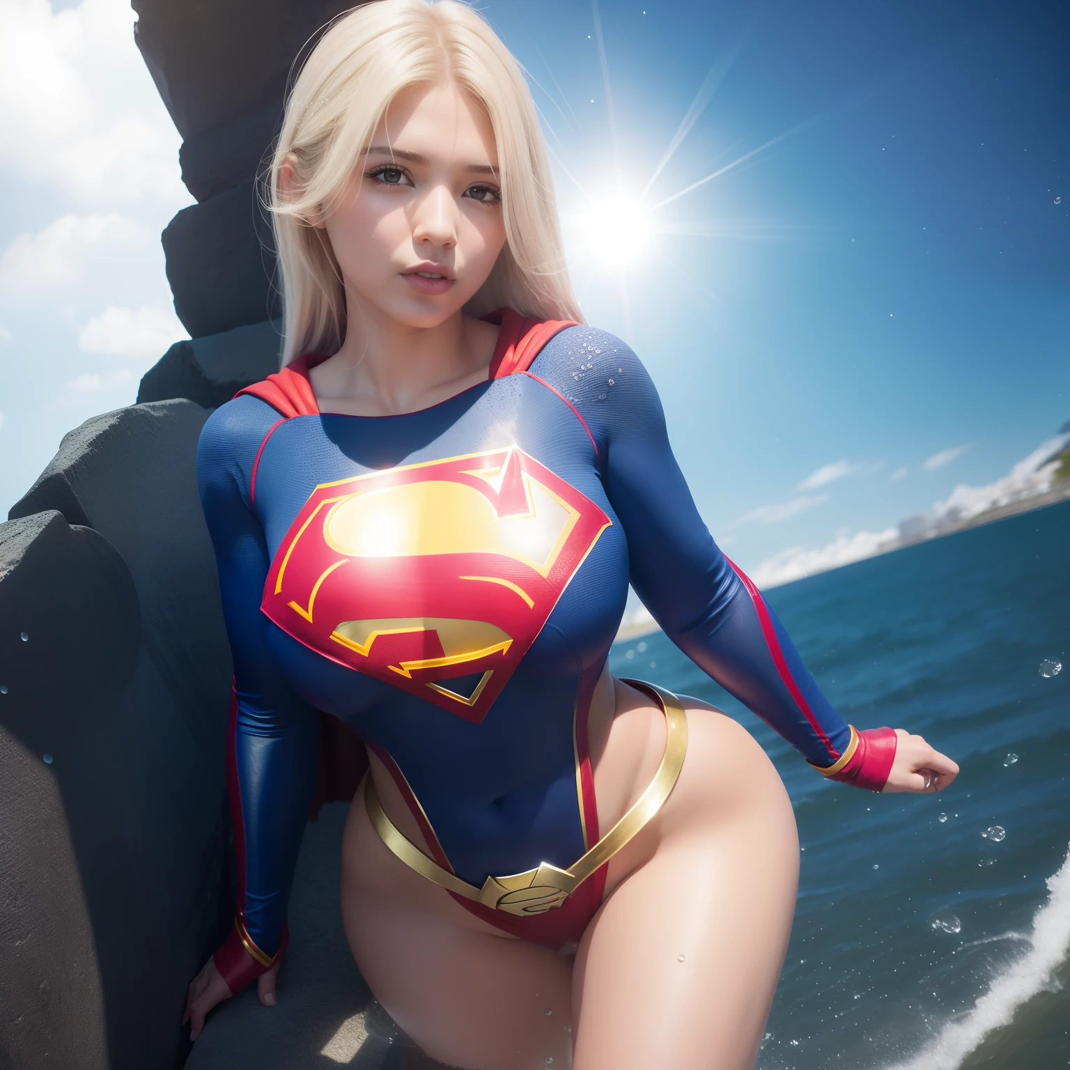 Supergirl, sexy, sentada em uma cama, quente com sol brilhante, covered in water drops, pele branca leitos, realista, pingando molhado, olhar molhado, thick white fluid throughout the body