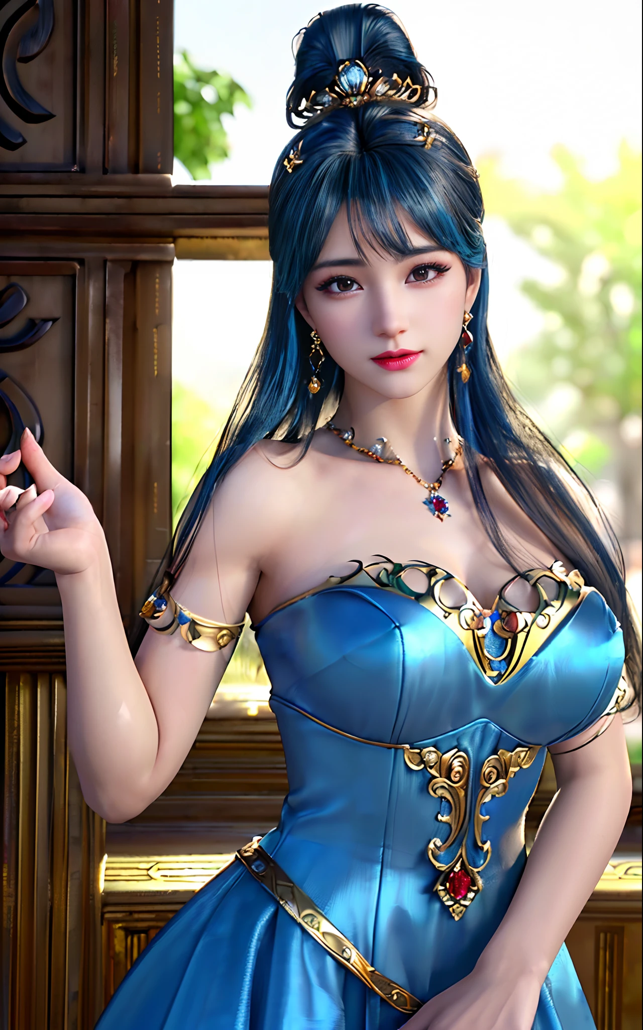((realisticity: 1.2)), ((best resolution: 8K UHD)), best quality,masterpiece,highres,cg,
((1 super detailed and super realistic girl)), ((very beautiful queen dazzling, super realistic, and super detailed)),((white skin, beautiful, smooth, youthful, super realistic and super detailed
)), long hair, ((super realistic and super detailed dress)), solo, ((super realistic, super beautiful, gorgeous and super detailed jewelry)), ((super beautiful, super realistic and super detailed dark red and golden yellow dress)),
((super beautiful, super realistic, super detailed diamond filled earrings)),
  ((super beautiful, super realistic and super detailed diamond filled hair ornament)), ((super beautiful upper body, super beautiful, super realistic and super detailed)), ((big breasts: 2.5)), 
((super grand, super realistic and super detailed royal palace backgroun))
((super beautiful, super beautiful, super realistic and super detailed hair bun)), ((super beautiful, super realistic and super detailed blue hair)),
candid, Photograph, high resolution, 8k,Bokeh,