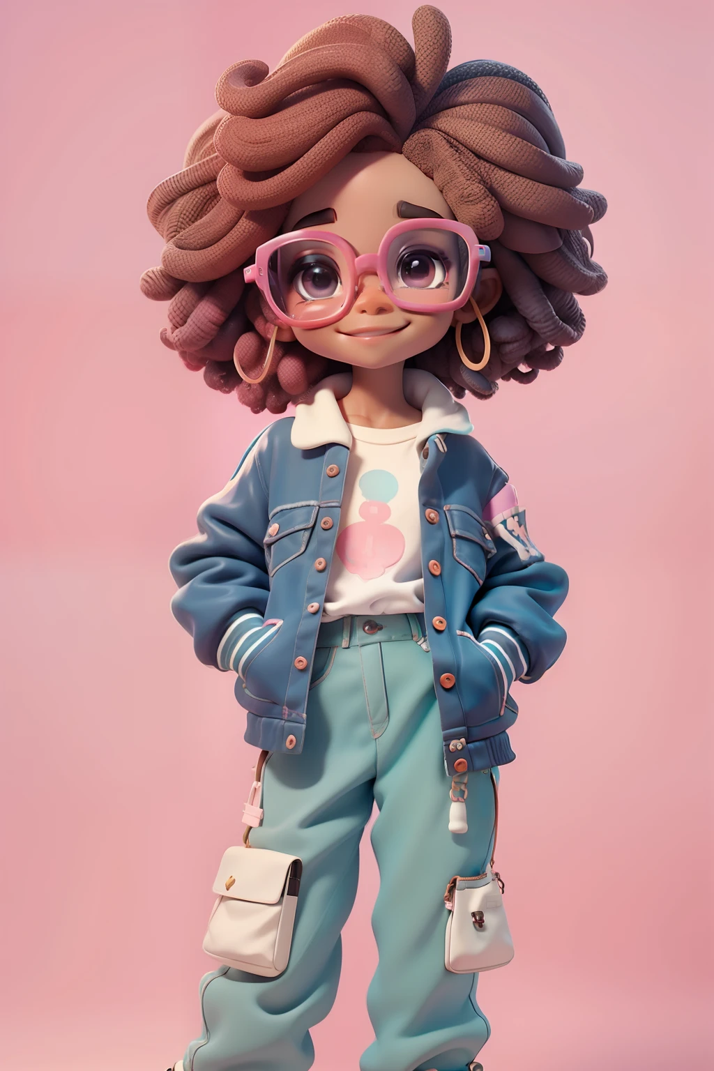 Loli Alice negra afro fofa, Eyeglasses, menina meiga, olhos delicados, multicolorido, tom pastel, Pants, moletom, sorriso delicado, fundo simples e branco