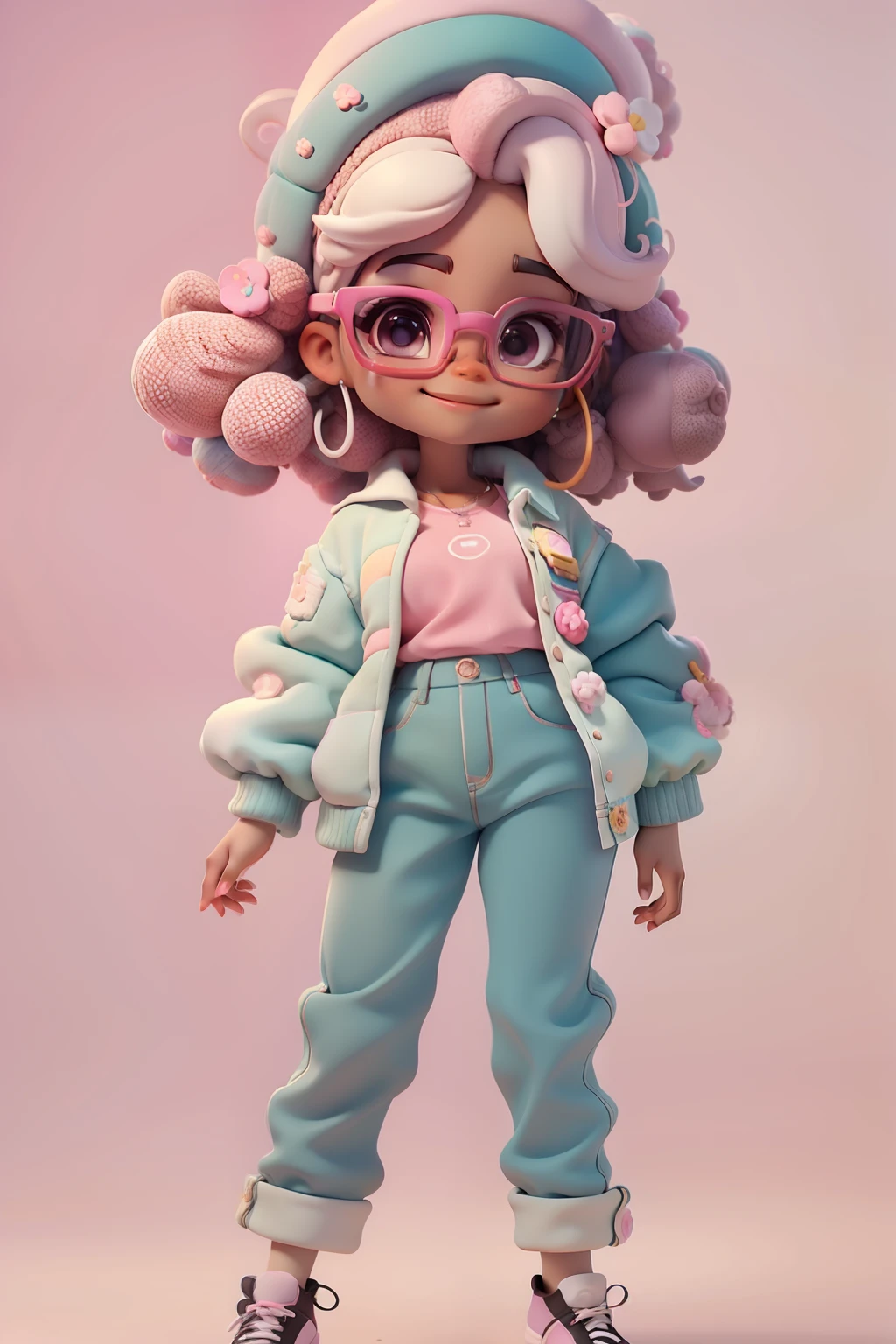 Loli Alice negra afro fofa, Eyeglasses, menina meiga, olhos delicados, multicolorido, tom pastel, Pants, moletom, sorriso delicado, fundo simples e branco