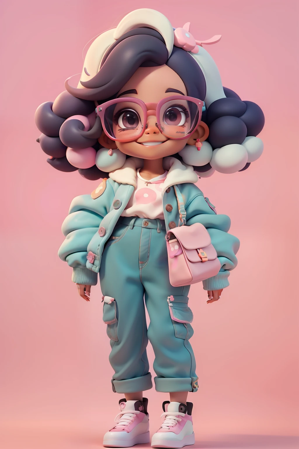 Loli Alice negra afro fofa, Eyeglasses, menina meiga, olhos delicados, multicolorido, tom pastel, Pants, moletom, sorriso delicado, fundo simples e branco