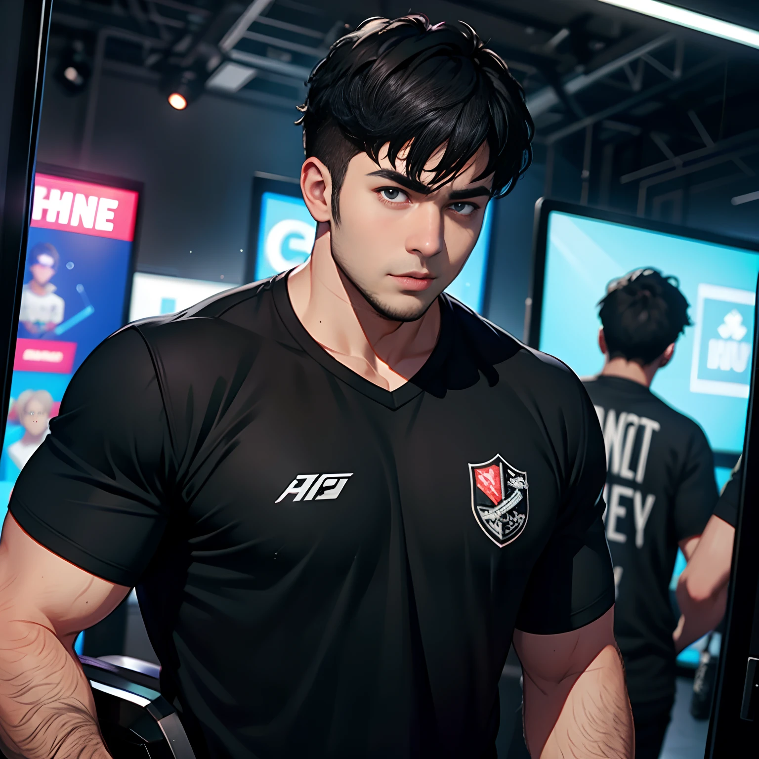 A burly young man with short black hair,Rough face,wearing black clothes,Play with your phone in the esports arena