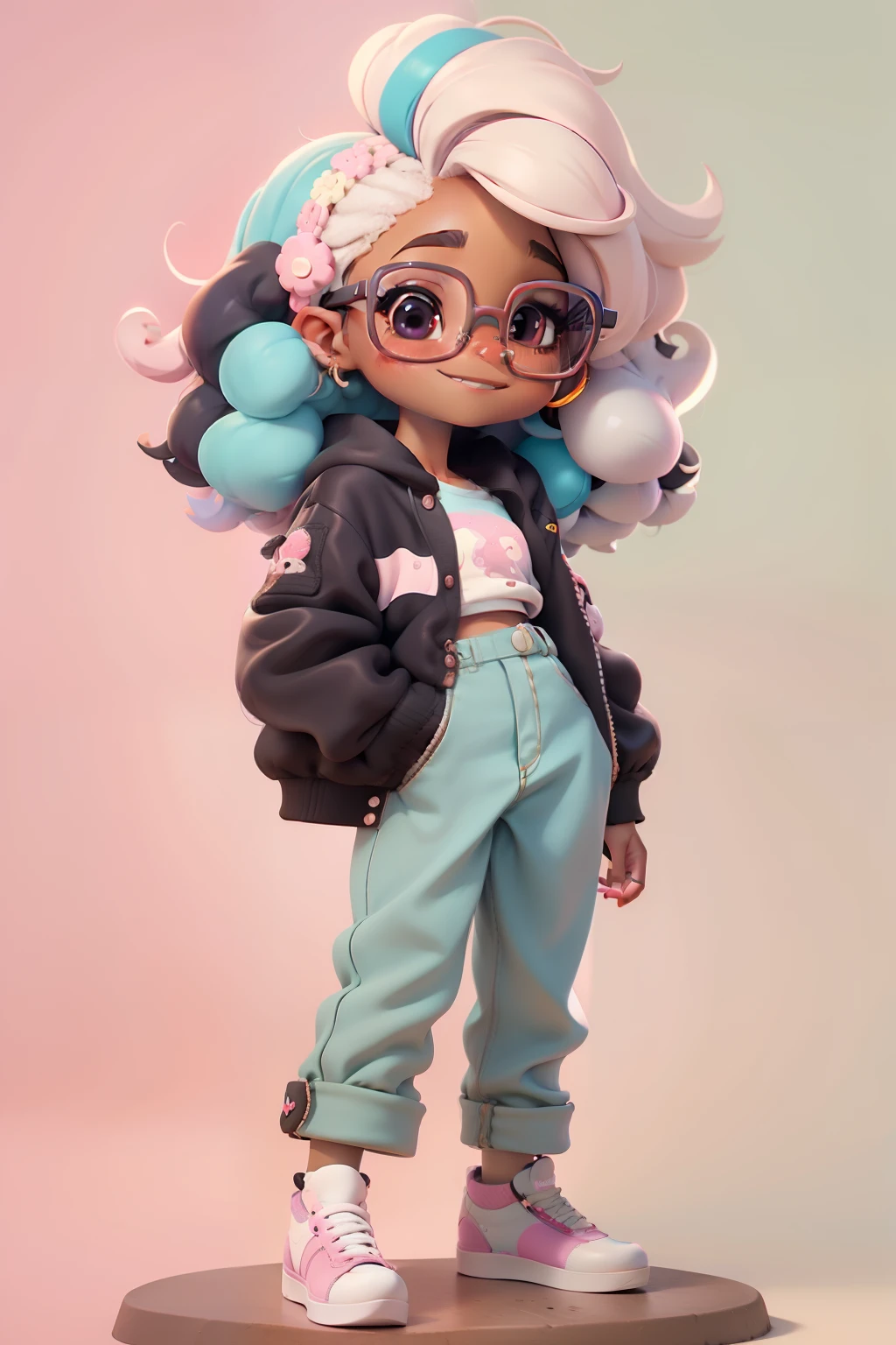 Alice negra afro fofa, Eyeglasses, meniga, olhos delicados, multicolorido, tom pastel, Pants, moletom, sorriso delicado, fundo simples e branco