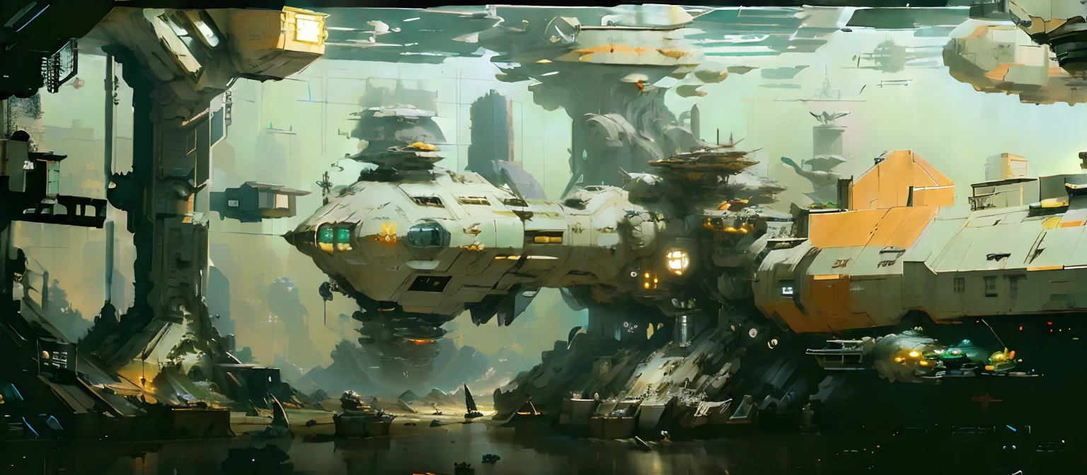 There is a large spaceship in the middle of the building, 8 K high detail concept art, craig mullins style, inspired by Craig Mullins, in a sci-fi shipping port, craig mullins nekro, detailed sci-fi art, Ultra detailed concept art, detailed digital concept art, Detailed 4K concept art, spaceship hangar，(((8K, RAW photo, Best quality, Masterpiece:1.4))),Star Wars art，Cinematic Art Ultra high resolution, Ultra-detailed, illustration, Close-up, Astono, Environment only, Lab Room,Hyper-realistic，Realistic rendering and detail，