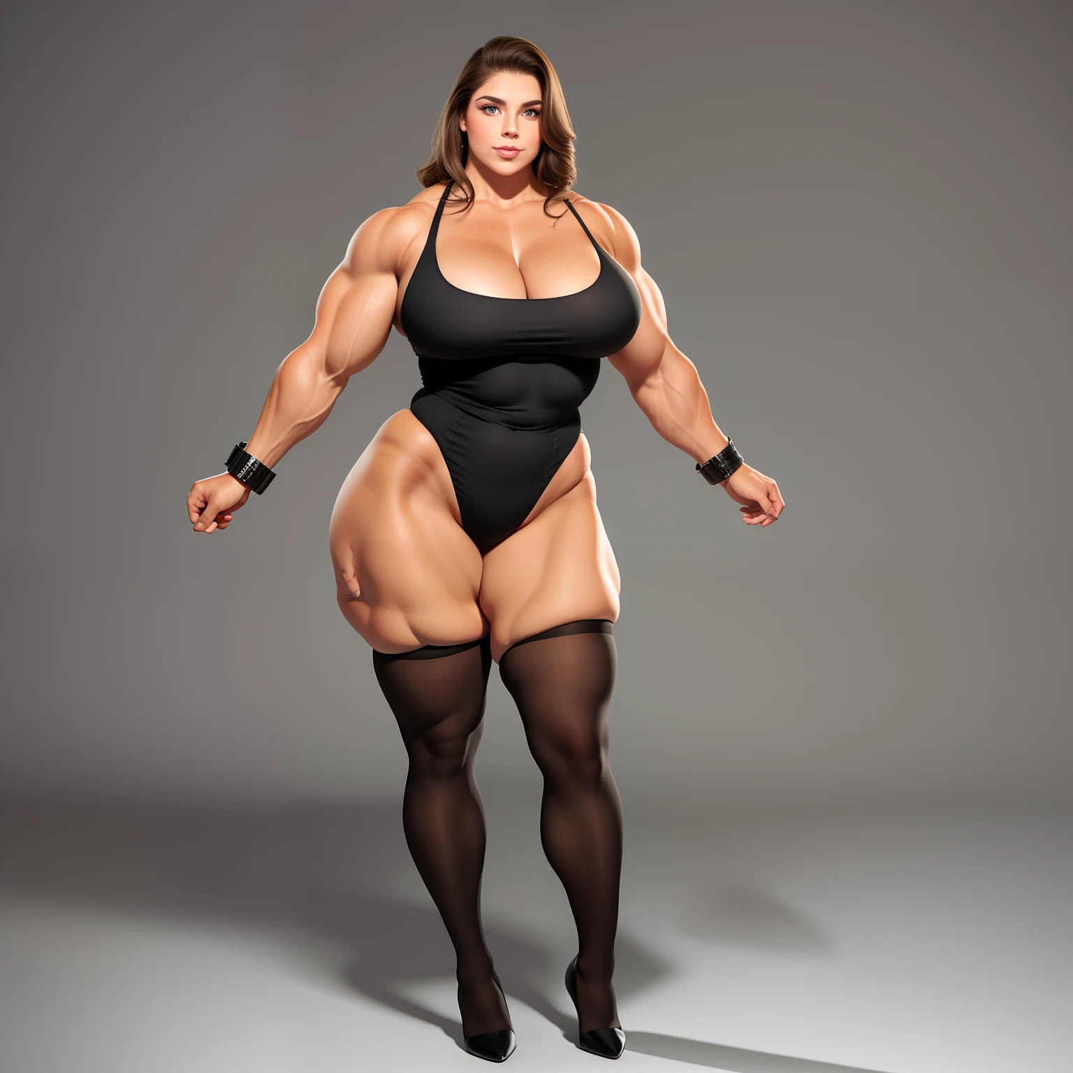 tmasterpiece,finely detailled,Burly woman,Exaggerated large muscles,Wear thick stockings,Pointy-toe boots, Full body like,standing on your feet,You can see the feet from the head, Beautiful and charming European female face, Single female,Very fair skin,Very broad shoulders, Strong and powerful arms,Stout arms,Strong and powerful leg muscles,thick leg,Very thick calves,long leges,looking to the camera