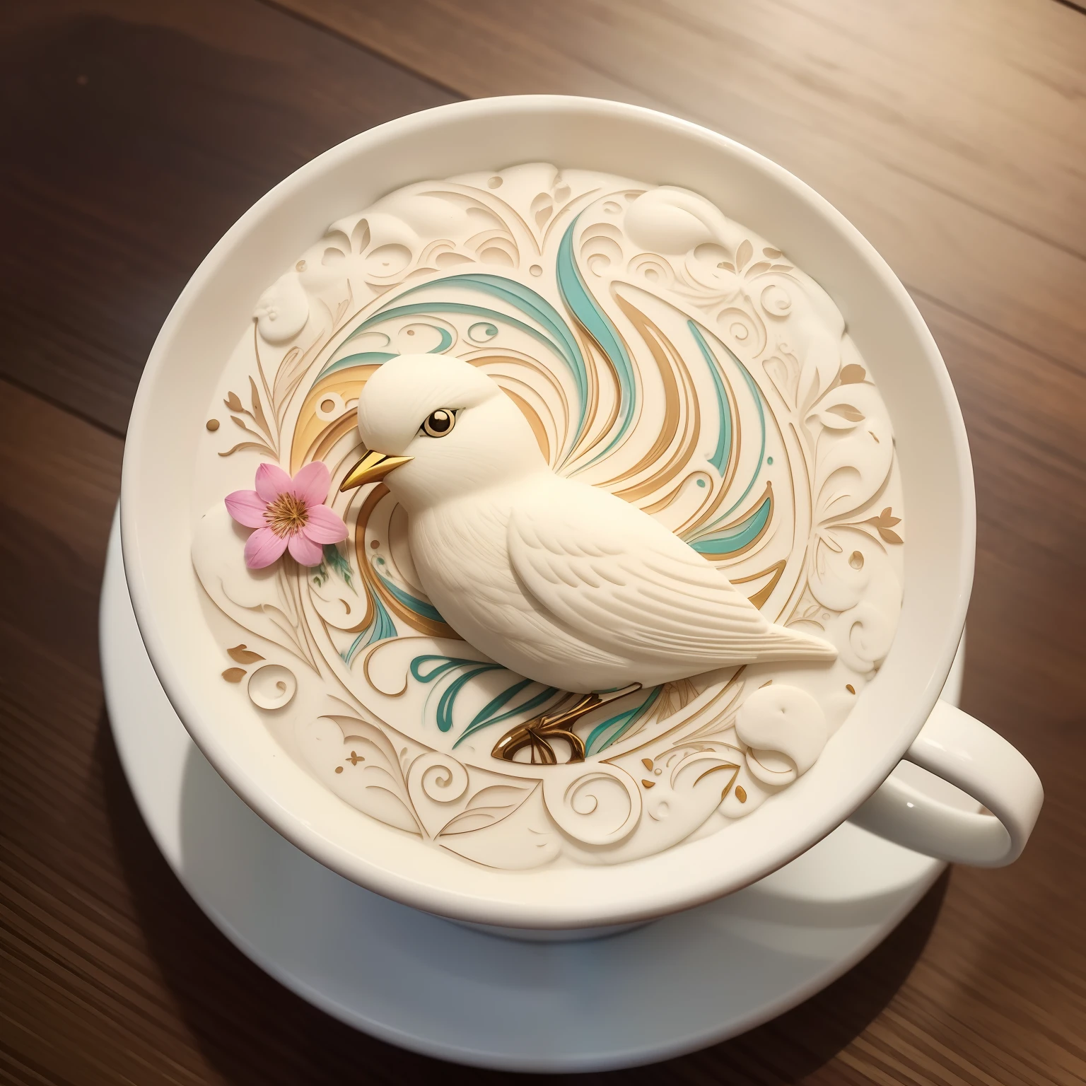 A work of art made of foam latte depicting a graceful nightingale, suspended in flight, when he reaches for the delicate nectar of the flower., intricate design, Colorful latte art —V 5.2 —Raw Style