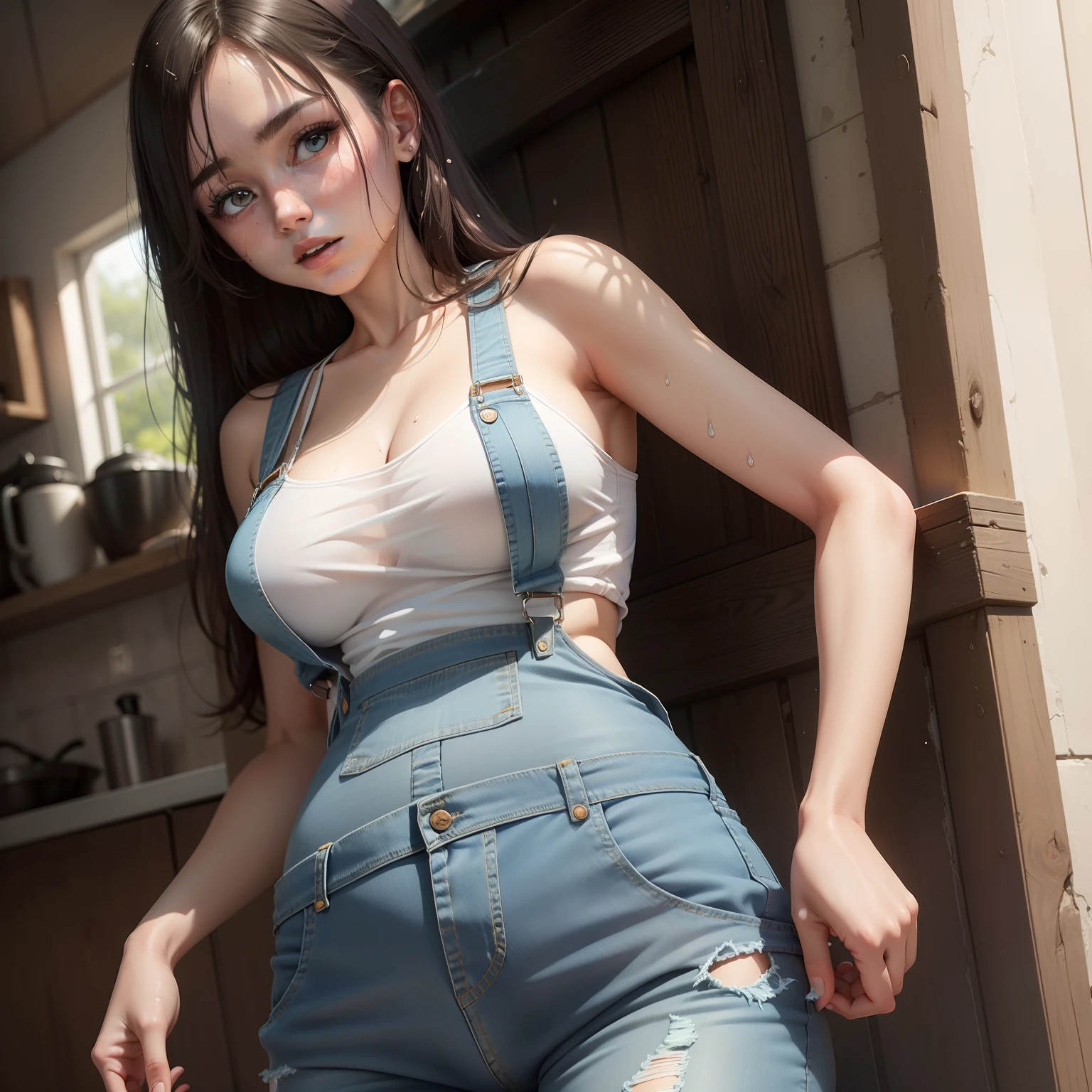 1girll,sexy for,Realistic,Soft light,Denim suspenders,Transparent top,Get wet,cleavage