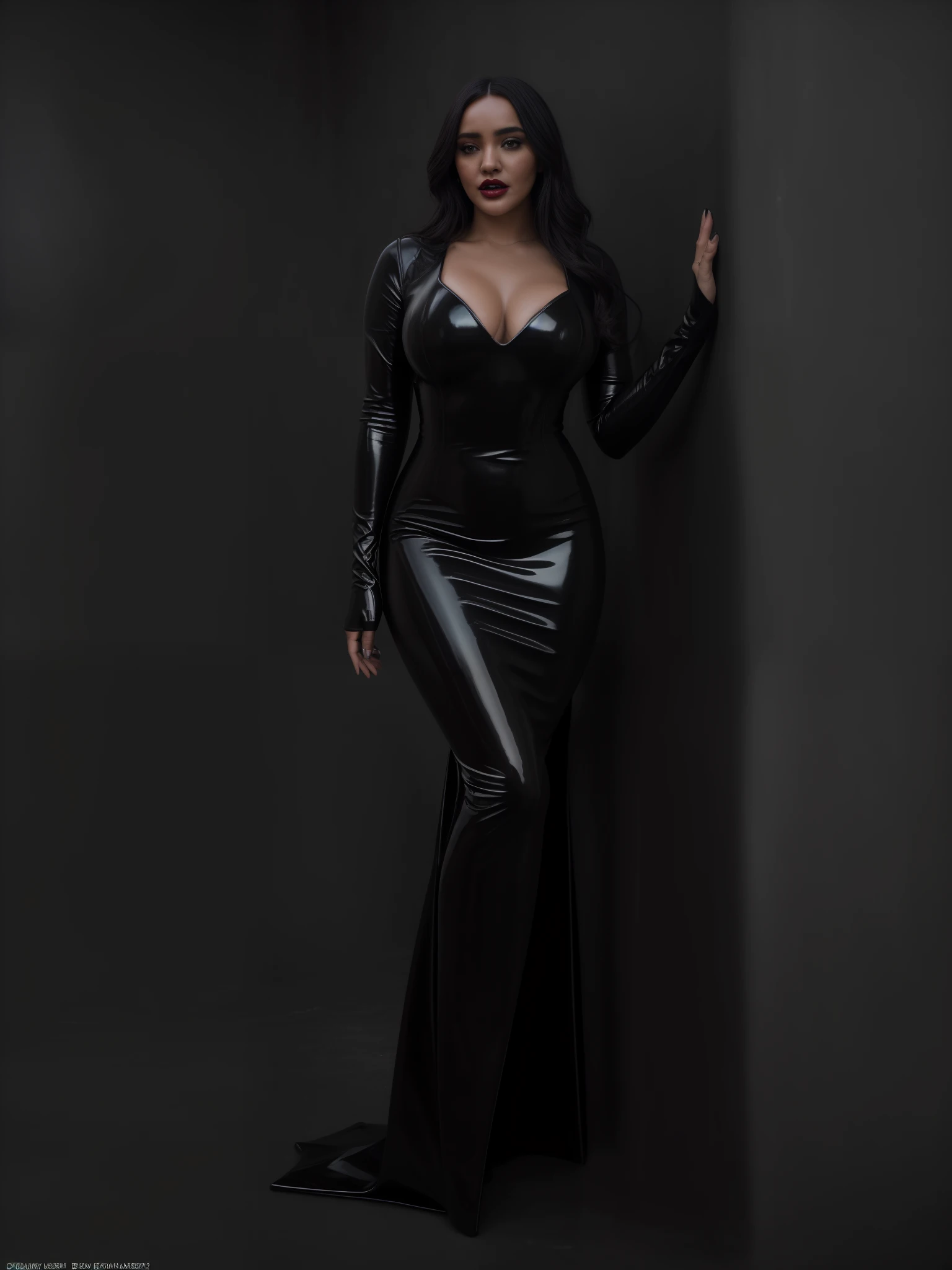 High quality raw photo, excellent composition, Front View, Full Body, Head to Feet, Photoshoot, Bombshell, scary vampire girl, black magic, nehasharma in Lipstick ,((Wearing Tight Slim Super Long Deep Black Shiny Metallic Vampire Latex Mermaid Long Gown )) (cinematic lighting, cinematic colors, masterpiece, high detailed, best quality, photorealistic, ultra realistic, 8k hdr:1.