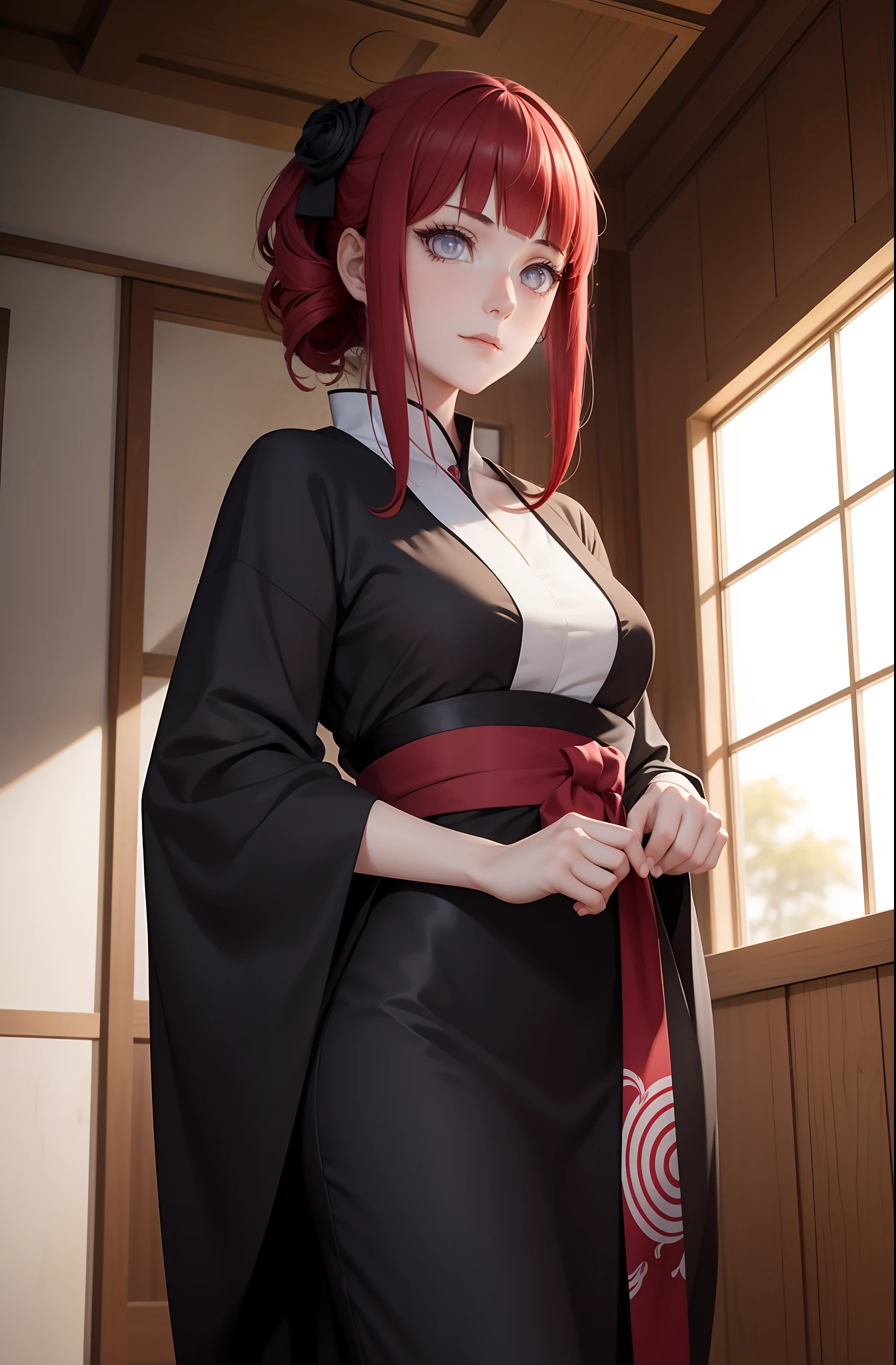 Yuki possesses a slender and athletic body, with harmonious proportions. His height of 170 cm makes him stand out from the crowd, while his weight of 60 kg shows his healthy physical form. Its bone structure is elegant and well defined, with proportional limbs and upright posture that conveys confidence and determination.

Her short hair in scarlet-red color is a real highlight. Os fios brilhantes e sedosos caem ao redor de seu rosto, providing a unique frame for your expression. The intense red evokes passion and energy, while the scarlet hue adds a touch of mystery and sophistication. Each wick is carefully styled, ressaltando os contornos de seu rosto e acentuando sua beleza natural.

Yuki's eyes are one of her most striking features. She inherited the legendary Byakugan from the Hyuuga clan, and their eyes exhibit this unique characteristic. With a luminous white iris and a comma-shaped pupil, seus olhos emanam uma aura especial. They are penetrating and insightful, allowing her to see beyond what is visible to most people. These eyes are a symbol of your heritage and special abilities.

As for his dress, Yuki opta por um yukata preto com detalhes vermelhos. The yukata is a traditional Japanese garment, Usually used on special occasions. The contrast between black and red adds a touch of elegance and balance to your look. O yukata envolve seu corpo de forma fluida, destacando suas curvas suaves e sua postura imponente.