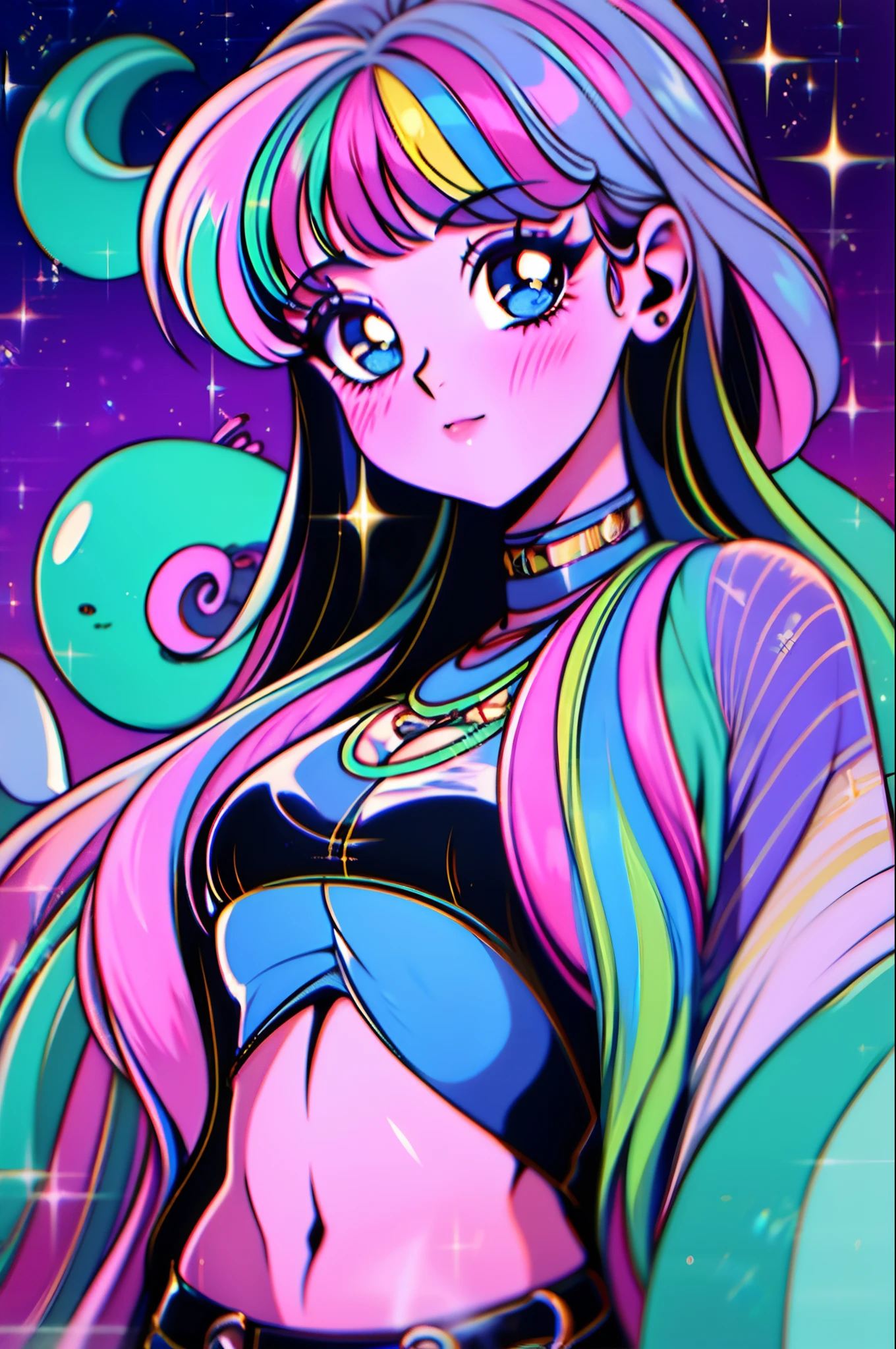 1girl,waistup, 90s style, upper body, sparkle, bokeh background, 🐙💫🌊🫧