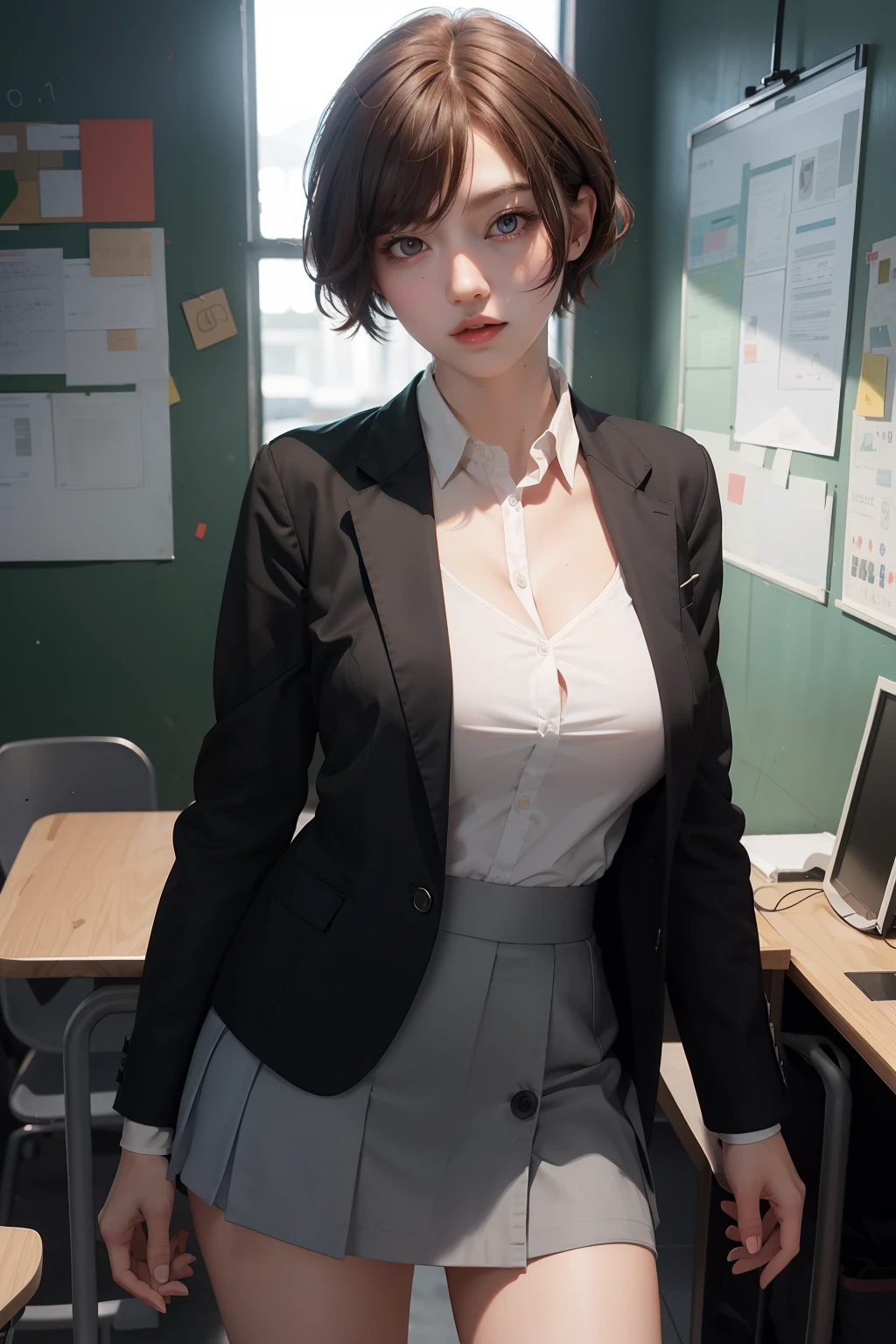 1girl, red eyes, short hair, school uniform, big breast, mini skirt, on the class, innocent face, unity 8k wallpaper, ultra detailed, aesthetic, masterpiece, best quality, photorealistic