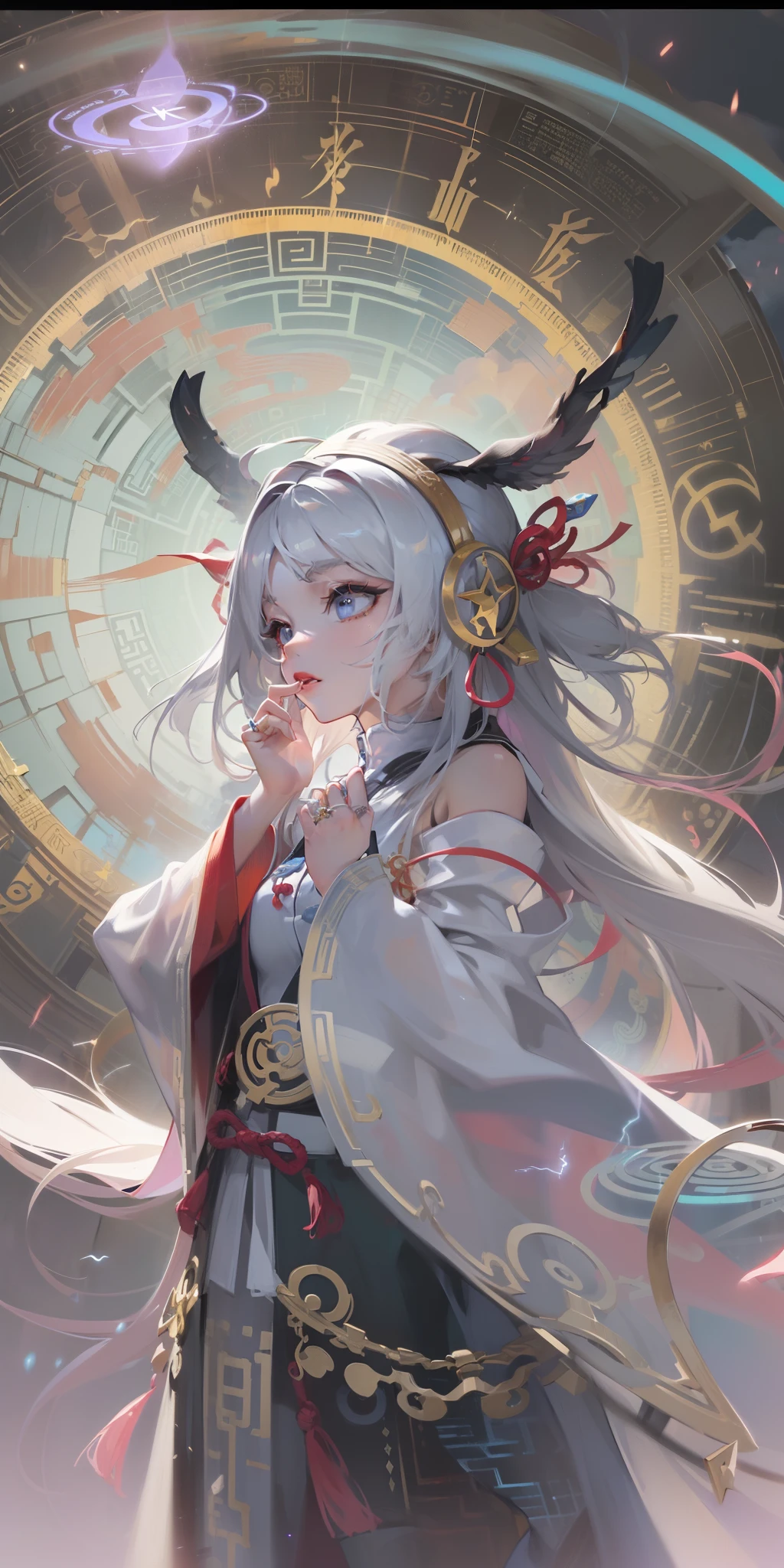 A girl,Solo,Full body shot,pulsating,Clear water,Wear splash oil in traditional Chinese Taoist robes,Dewy eyes,Ruddy face,Highly detailed Taoist headdress and jewelry,(cropped shoulders,Insert your hand into the long sleeve,Long floating ribbon,Thunderstorm clouds,Lightning,Lightning surrounds the body,Electricity,electrical,Aerial view,concept-art,sky:1.2),(Magical Circle+magic rune+Lightning+Gossip Magic Ball+Tai Chi ball+horoscope+gear wheel:1.35)As the background behind the girl,Magical rings of Saturn,