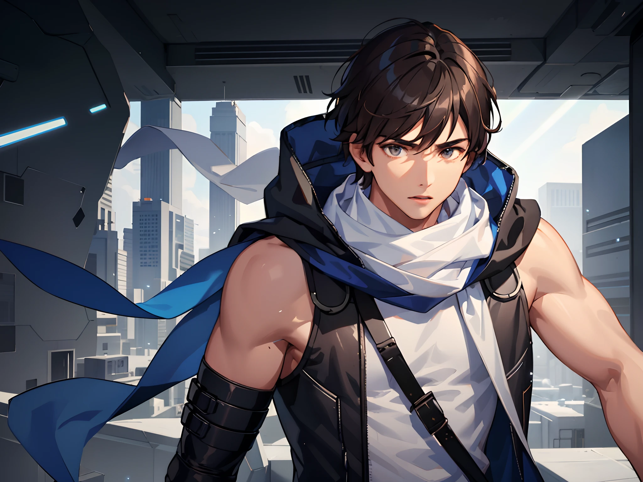 (male focus),1boy,solo,dark brown hair, dark brown eyes, muscular male, futuristic city, arm braces giant, sleeveless hoodie , white clothes,blue clothes, gray clothes, sleeveless, futuristic earpiece, scarf, messy medium hair, light particles, light rays