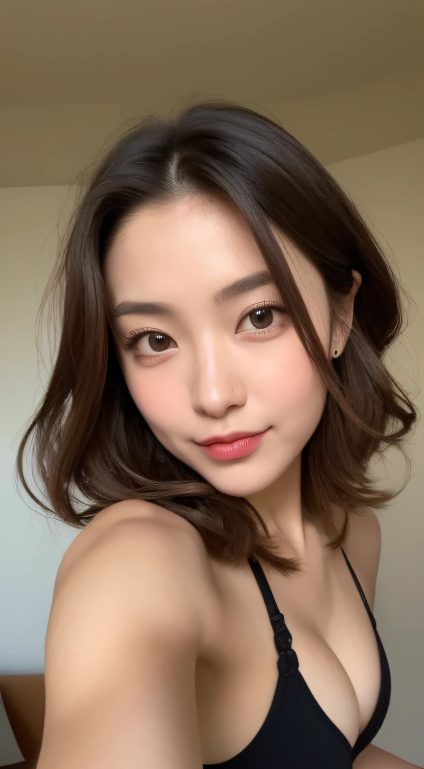 ((Best picture quality, 8K, tmasterpiece:1.3)), 1girll, Beautiful woman with slender abs:1.3, (Casual hairstyle, :1.2), Low-cut bra,The bra color is arbitrary,Super large,The skin is very white,Ultra-fine face, A detailed eye, 二重まぶた,ssmile。Take pictures in cute poses,The figure is very bad,tiny small waist,Super big breasts,Close-up,Close-up chest,White-skinned,The background is casual,Close-up Shot Shot