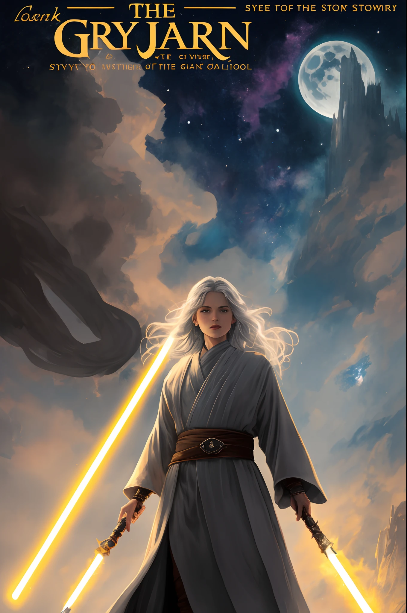 The cover features a vibrant and stunning illustration of the Gray Jedi in all her glory. In the foreground, we have the imposing figure of the Jedi, standing out among the other characters. Her long, silver hair flows in the wind, adding a touch of mystery and elegance to her appearance. His piercing, crystalline blue eyes emanate an intensity that captures the viewer's attention.
The Gray Jedi is depicted with an imposing posture, with shoulders raised and head held high. Your expression conveys wisdom and confidence, reflecting your experience and power. She is dressed in a dark gray robe that flows around her, underscoring her majestic presence.
In the background is a cosmic ambience, with bright stars dotting the night sky. The Moon is partially illuminated, creating an enigmatic atmosphere. Subtle elements of Force energy surround the Gray Jedi, representing her mastery and deep connection to Jedi power.
At the top of the cover, in stylized gold lettering, is the title of the comic: "The Saga of the Gray Jedi". Below the title, in smaller print, can be added a call to action or tagline that captures the essence of the story, such as "When balance becomes a weapon" or "The power beyond light and dark".
This cover conveys the grandeur and enigmatic presence of the Gray Jedi, captivating readers and piquing their curiosity for the story that is about to unfold.