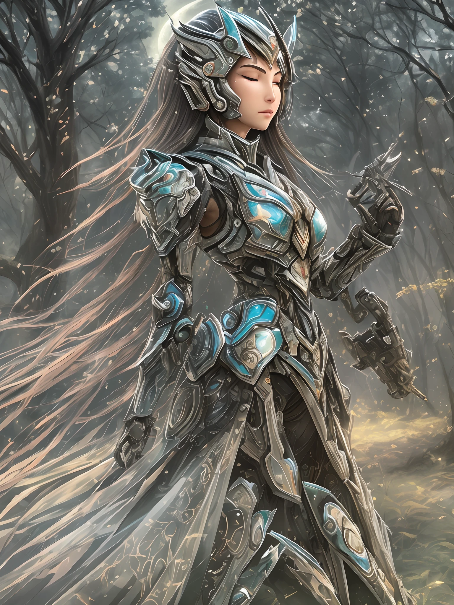 Craft a vivid image of a Mecha Night Elf Warrior standing within a tranquil glade, bathed in the ethereal glow of moonlight. Their mechanized armor, adorned with delicate patterns reminiscent of leaves and moons, seamlessly integrates with their natural surroundings. With closed eyes and a hand placed gently on a nearby tree, they emanate a sense of serene strength, embodying the perfect harmony between technology and nature. The moonlight dances on their armor, casting intricate shadows that echo the forest's mystique and the warrior's resilient spirit. --auto --s2