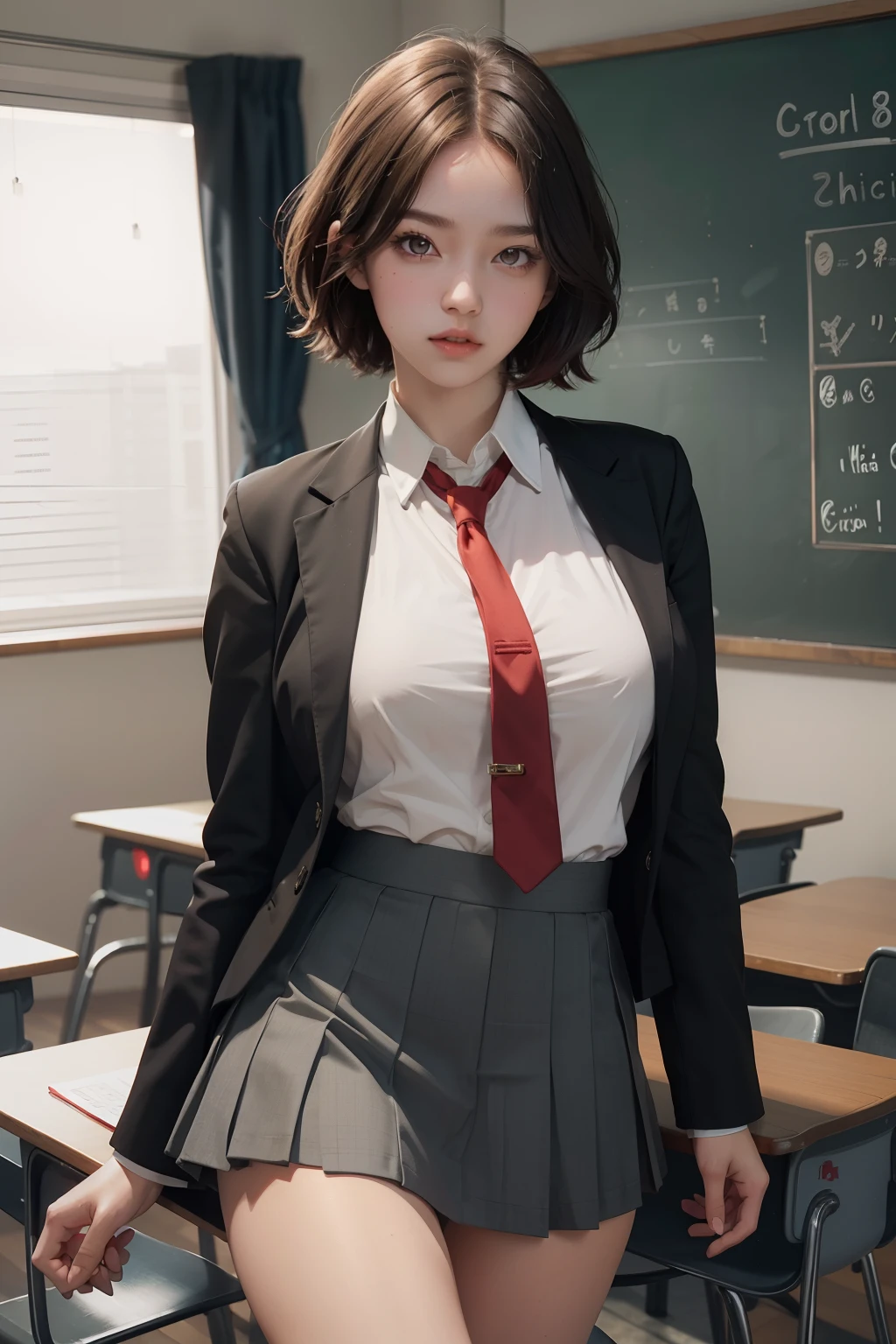 1girl, red eyes, short hair, school uniform, big breast, mini skirt, on the class, innocent face, unity 8k wallpaper, ultra detailed, aesthetic, masterpiece, best quality, photorealistic