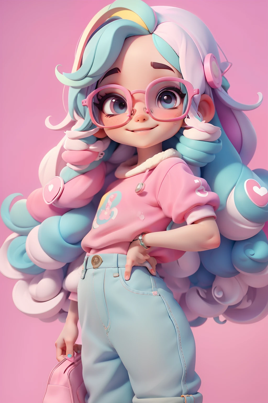 Loli Alice fofa, Eyeglasses, menina meiga, olhos delicados, multicolorido, tom pastel, Pants, moletom, sorriso delicado, fundo simples e branco