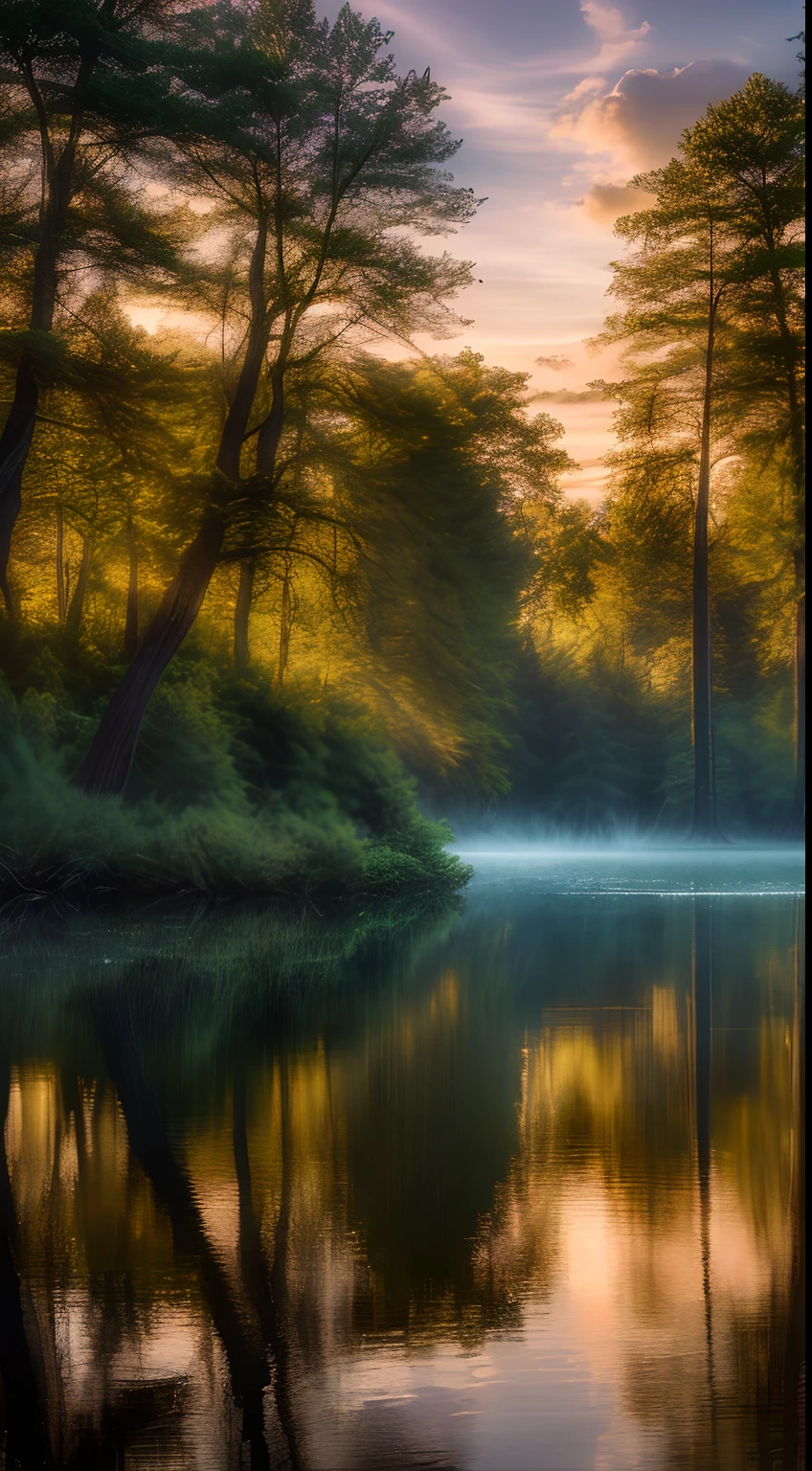 wallpaper, summer, lake, dawn, forest, detailed forest, clouds, masterpiece, cinematic, soft light, depth of field, ray tracing, reflection in water, realism, ulra detailed,