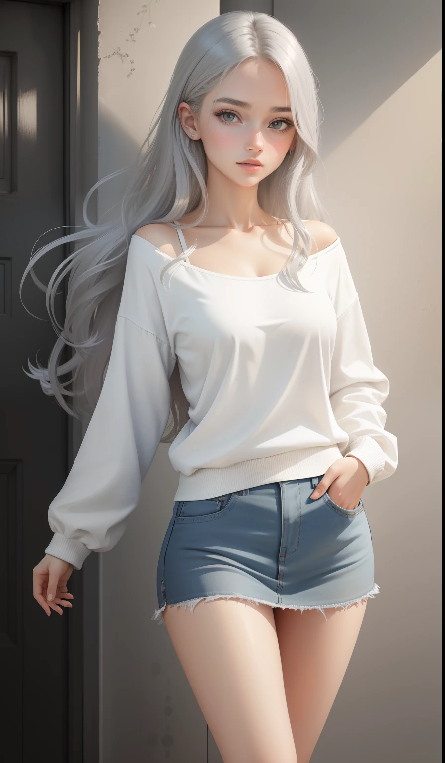 a woman in a casual clothing, white long sleeve T-shirt and circle skirt ,converse shoes, 17 years old, adult face, shoulder length slightly wavy hair, ((silver coloured hair)) and gleaming detailed vibrant hazel eyes, slim frame, medium breasts, long legs, beautiful face, medium butt size, small feet size, small hand size, perfect hands, scary face, beautiful face, pretty face, hot woman, British woman, cream skin, small soft pink lips , small to medium breast size, sharp features, slim hourglass figure, ashen hair, porcelain skin, slight blush
