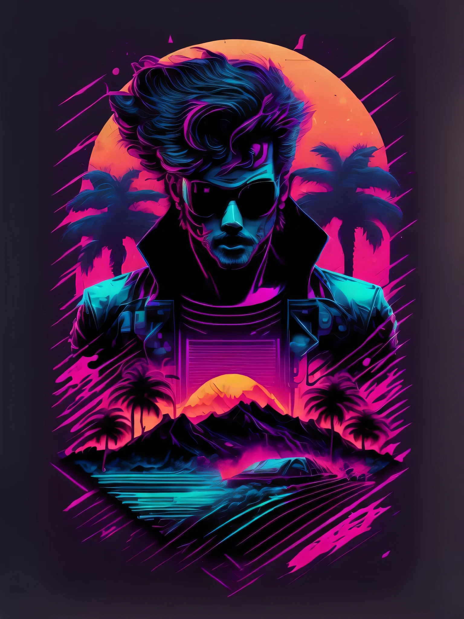 man ripping open his chest, synthwave aesthetics, illustration, vector art, screen print art--q 5