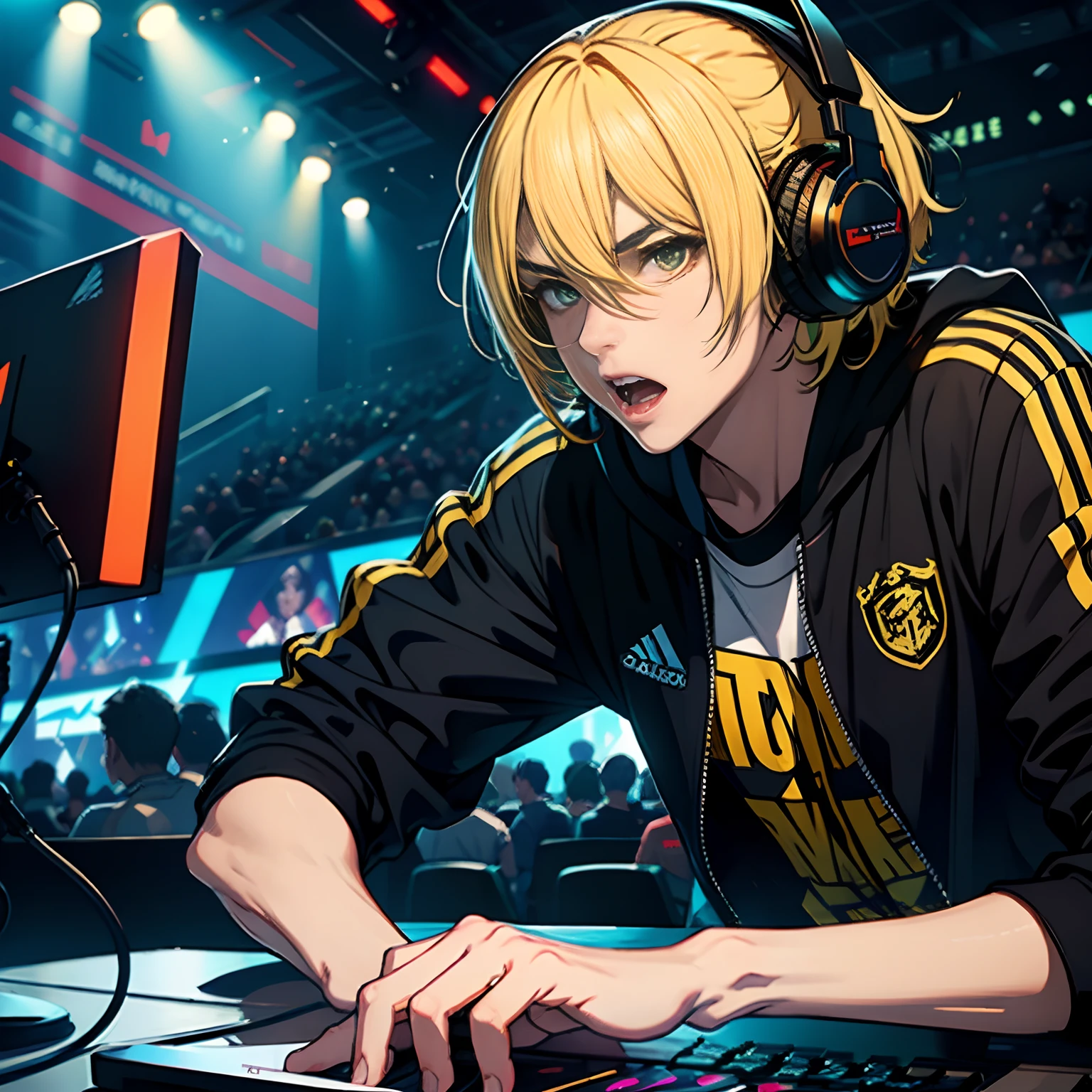 A yellow-haired and wretched-looking youth,E-sports arena,is arrogantly shouting,Bring headphones
