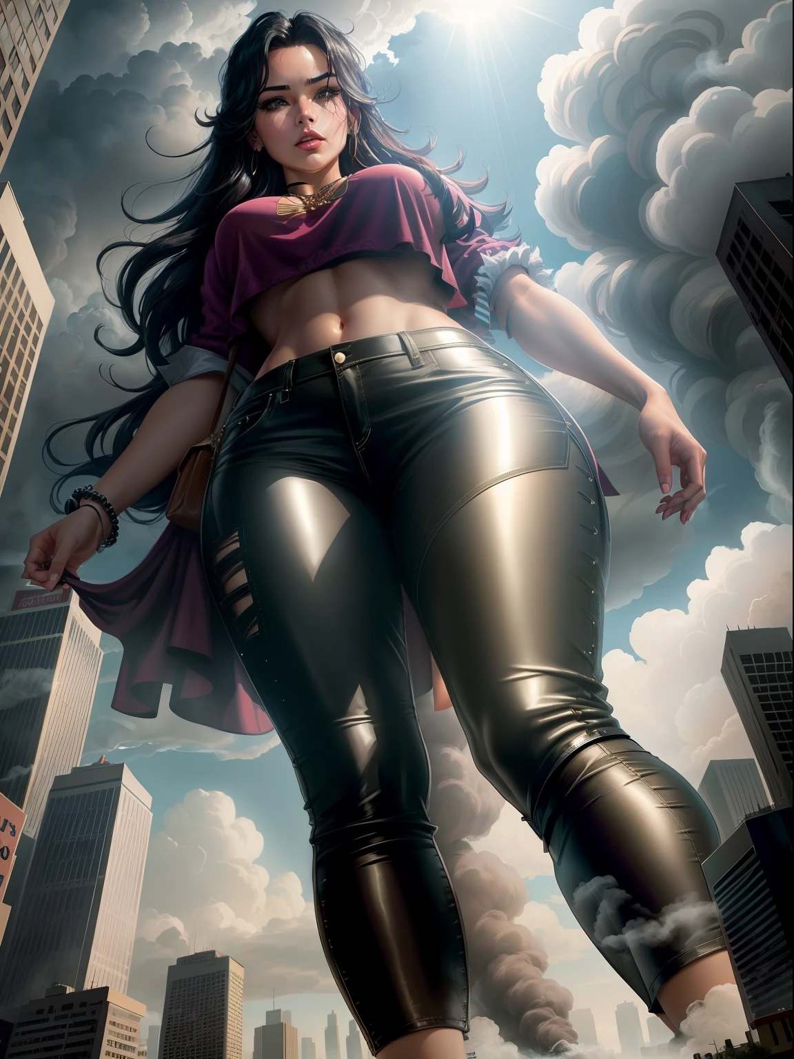 Master works, see under her skirt, best picture quality, higher quality, high detail, super high resolution, 1girl, delicate facial features, perfect face, glowing skin, a towering giantess wearing a cool and leisurely hippie style, crop top and loose pants. Her toned and athletic figure hints at her great strength. She seems to wander carelessly through the bustling cityscape of GTA vice City, with towering buildings looming overhead. Smoke and clouds rage around her, adding to the epic sense of scale and drama. The lighting is dark, gloomy, and realistic, creating a tense and ominous atmosphere. From below, the perspective emphasizes the pure majesty and power of the giantess., gorgeous and sensual, wet top