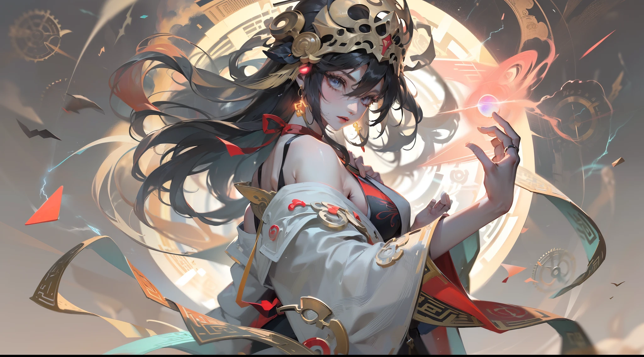 A girl,Solo,Full body shot,pulsating,Clear water,Splash oil on traditional Chinese Taoist robes,Dewy eyes,Ruddy face,Highly detailed Taoist headdress and jewelry,(cropped shoulders,Insert your hand into the long sleeve,Long floating ribbon,Thunderstorm clouds,Lightning,Lightning surrounds the body,Electricity,electrical,Aerial view,concept-art,sky:1.2),(Magical Circle+magic rune+Lightning+Gossip Magic Ball+Tai Chi ball+horoscope+gear wheel:1.35)As the background behind the girl,Saturn's magical rings,