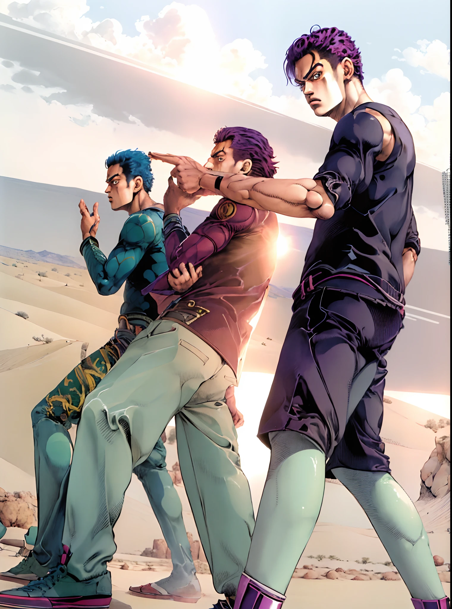 there as 3 guys posing, masterpiece, manga art, best quality, scan, color tones, illustration, anime, simple coloring, jojo style, araki style, desert background, muscular bodys, mad face, morioh scenary.