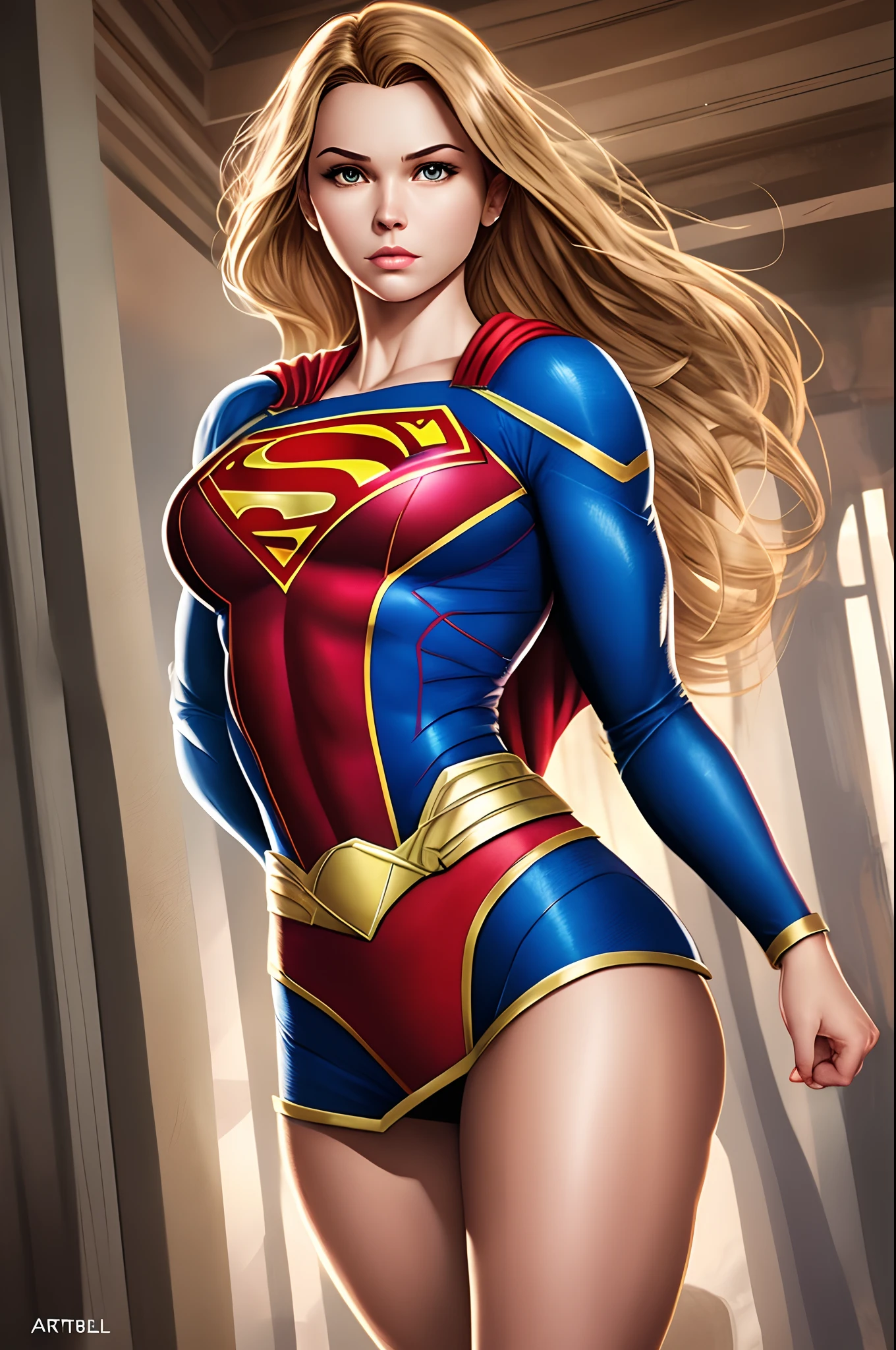 Supergirl by Artgerm and Adam Hughes, high clarity, HDR, photorealistic, dynamic, 8k, powerful, sultry, show abs, show skin --auto --s2