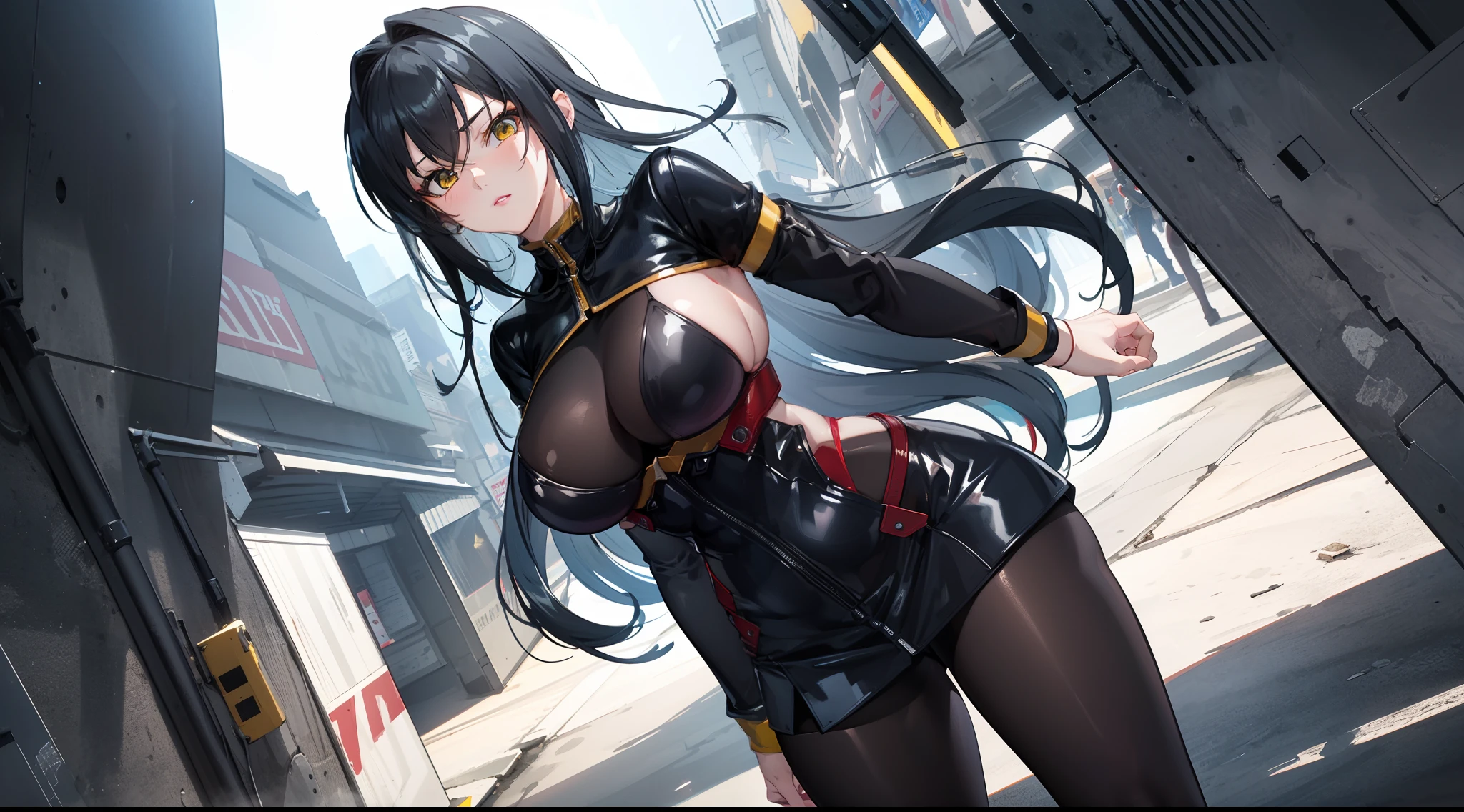 professional artwork, Intricate Details, field of view, sharp focus, detailed painting, photorealistic lighting, trending on pixiv, Standing at attention, black outfit ,yellow collared shirt,black and red bodysuit,skin_tight,black legwear, black pantyhose, Side_boob, black hair,very long hair, Bangs,yellow eyes,makeup, lipstick, 20yo,mature female,Beautiful Finger,Beautiful long legs,Beautiful body,Beautiful Nose,Beautiful character design, perfect eyes, perfect face, looking at viewer,official art,extremely detailed CG unreal engine 8k wallpaper, perfect lighting,Colorful, Bright_Front_face_Lighting, (masterpiece:1.0),(best_quality:1.0), ultra high res,4K,ultra-detailed, photography, 8K, HDR, highres, absurdres:1.2, Kodak portra 400, film grain, blurry background, (Beautiful,large_Breasts:1.4), (beautiful_face:1.5),(narrow_waist), (solo:1.4), ((landscape dimension)), rich detailed makeup, rich detailed eyeshadow, rich detailed lips, rich detailed lipstick, beautiful detail eyes