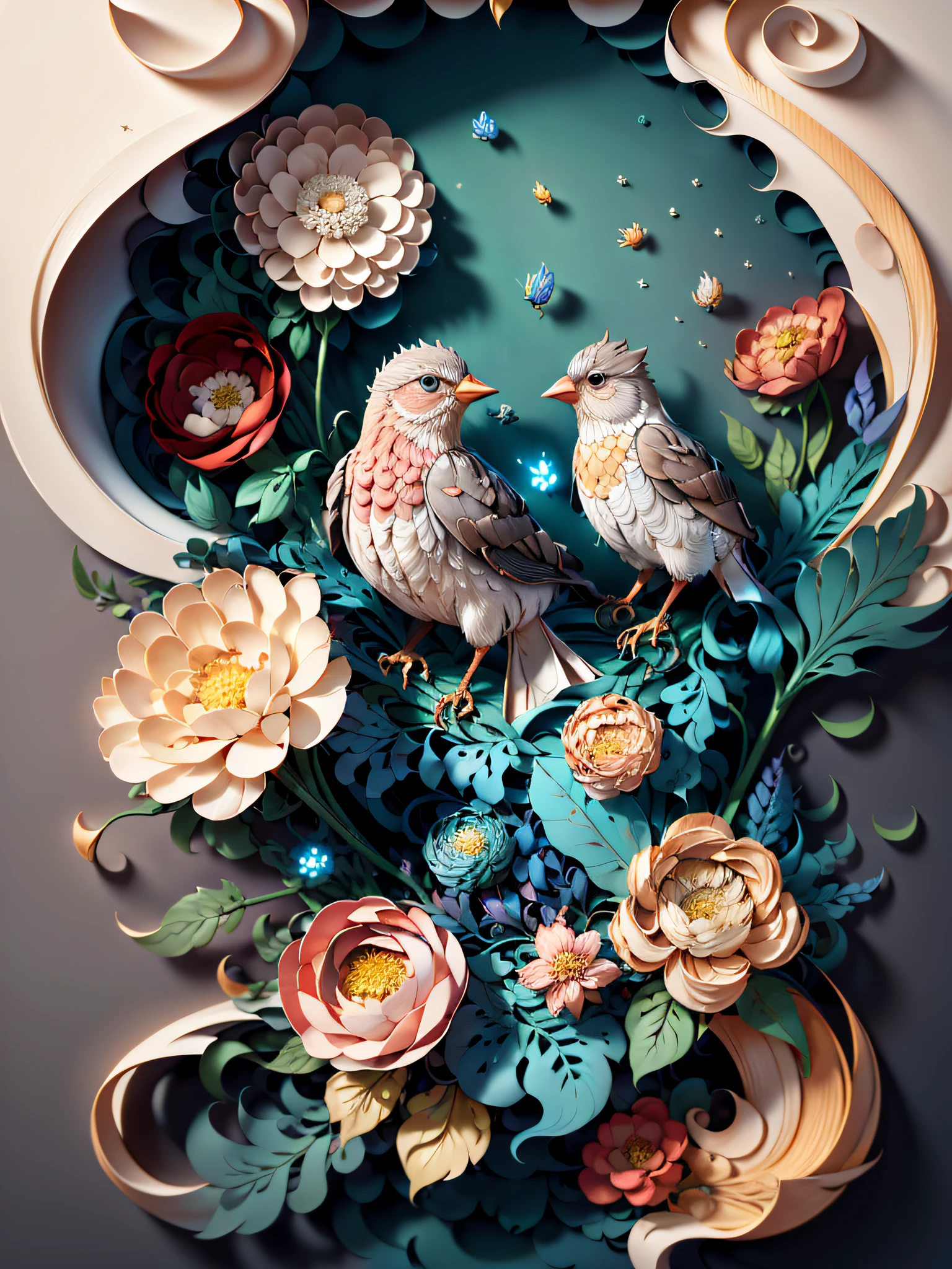 (((masterpiece))),best quality, illustration, vibrant color scheme, Soft light,(warm color:1.2),Water color painting, light background, best quality exquisite details,3d rendering,Octane render, pastel, paper_cut. The clock-a-clay is creeping on the open bloom of May,
The merry bee is trampling the pinky threads all day,
And the chaffinch it is brooding on its grey mossy nest
In the whitethorn bush where I will lean upon my lover's breast