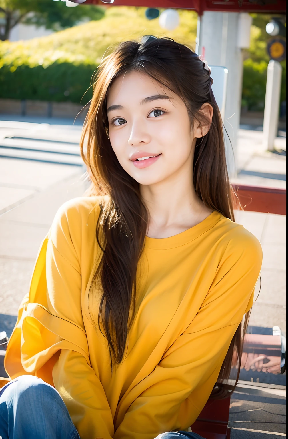 A smile、Japan woman sitting on a park bench,campus