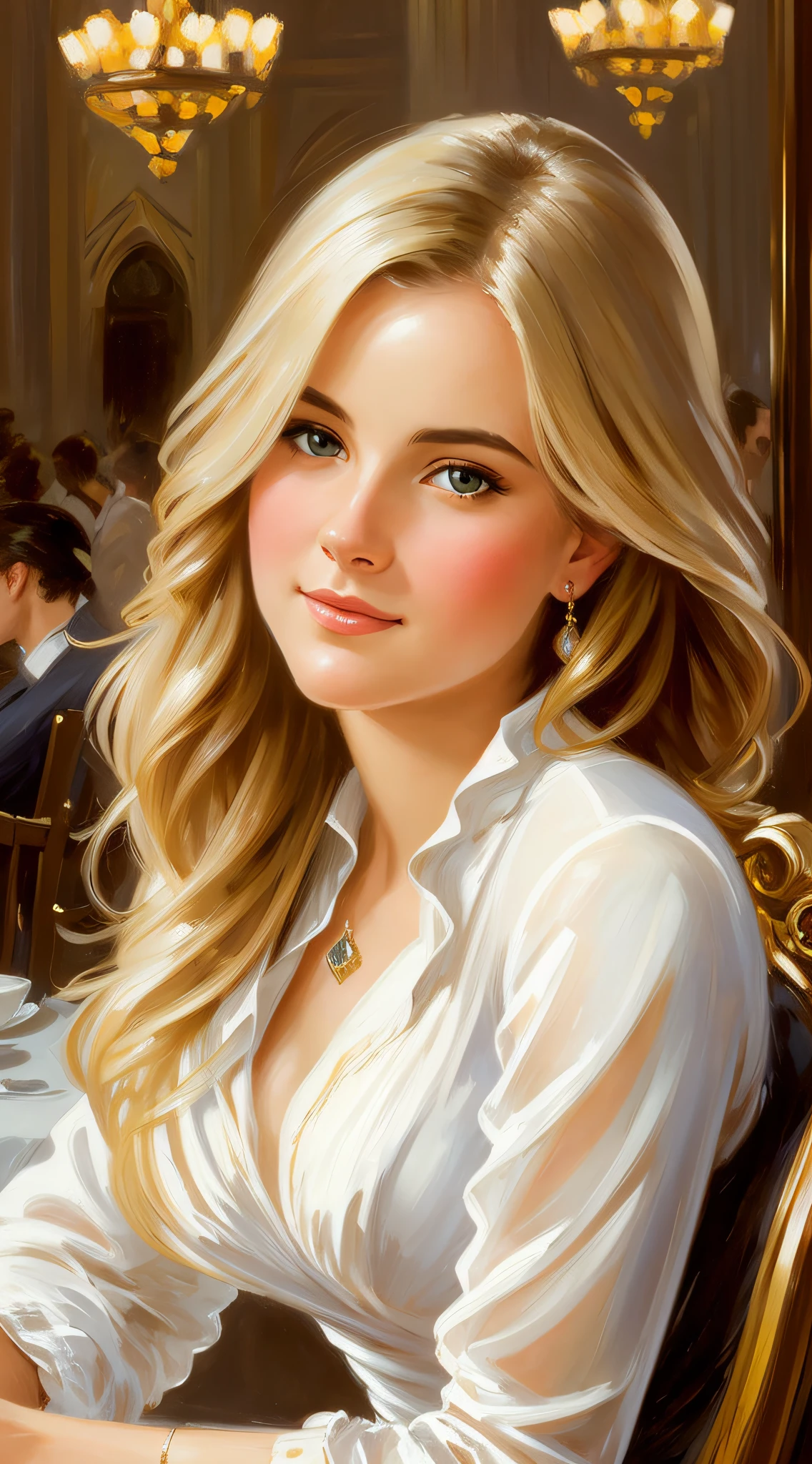 Portrait of a beautiful elegant young woman, sitting in a large open Parisian café, She looks at the camera, Her face is very detailed with a slight blush on her cheeks, blond hair, in the evening by candlelight, romantic illustration in the style of John Singer Sargent and Michael Garmash and Steve Hanks and Vladimir Volegov, Modern Romantic Impressionism, dinamic lighting, voluminous lighting, intricately-detailed, hyper-detailing, sharp-focus, Разрешение 4K --AR 9:16 50 --c 20 --q 2 --s 2