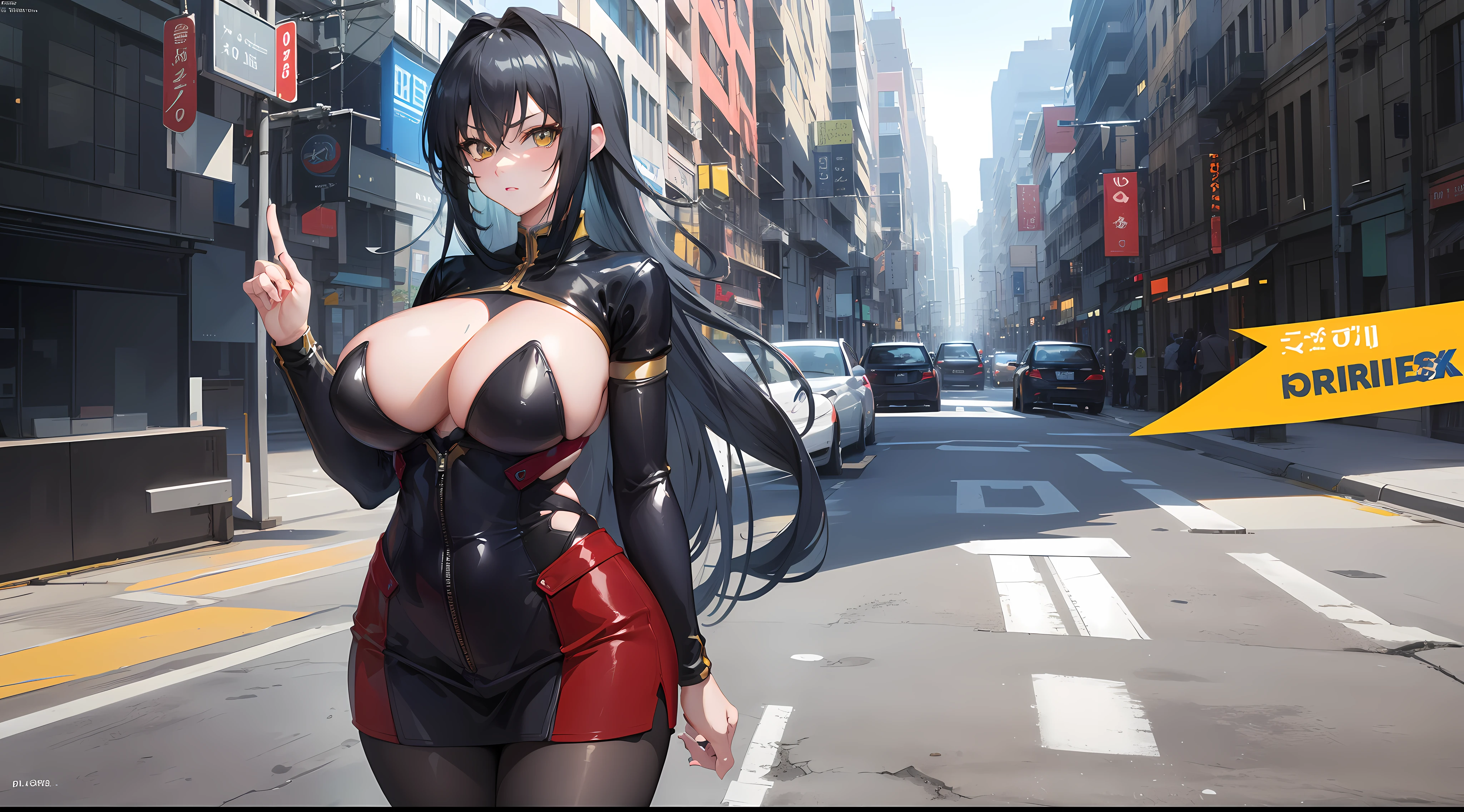 professional artwork, Intricate Details, field of view, sharp focus, detailed painting, photorealistic lighting, trending on pixiv, Standing at attention, black outfit ,yellow collared shirt,black and red bodysuit,skin_tight,black legwear, black pantyhose, Side_boob, black hair,very long hair, Bangs,yellow eyes,makeup, lipstick, 20yo,mature female,Beautiful Finger,Beautiful long legs,Beautiful body,Beautiful Nose,Beautiful character design, perfect eyes, perfect face, looking at viewer,official art,extremely detailed CG unreal engine 8k wallpaper, perfect lighting,Colorful, Bright_Front_face_Lighting, (masterpiece:1.0),(best_quality:1.0), ultra high res,4K,ultra-detailed, photography, 8K, HDR, highres, absurdres:1.2, Kodak portra 400, film grain, blurry background, (Beautiful,large_Breasts:1.4), (beautiful_face:1.5),(narrow_waist), (solo:1.4), ((landscape dimension)), rich detailed makeup, rich detailed eyeshadow, rich detailed lips, rich detailed lipstick, beautiful detail eyes