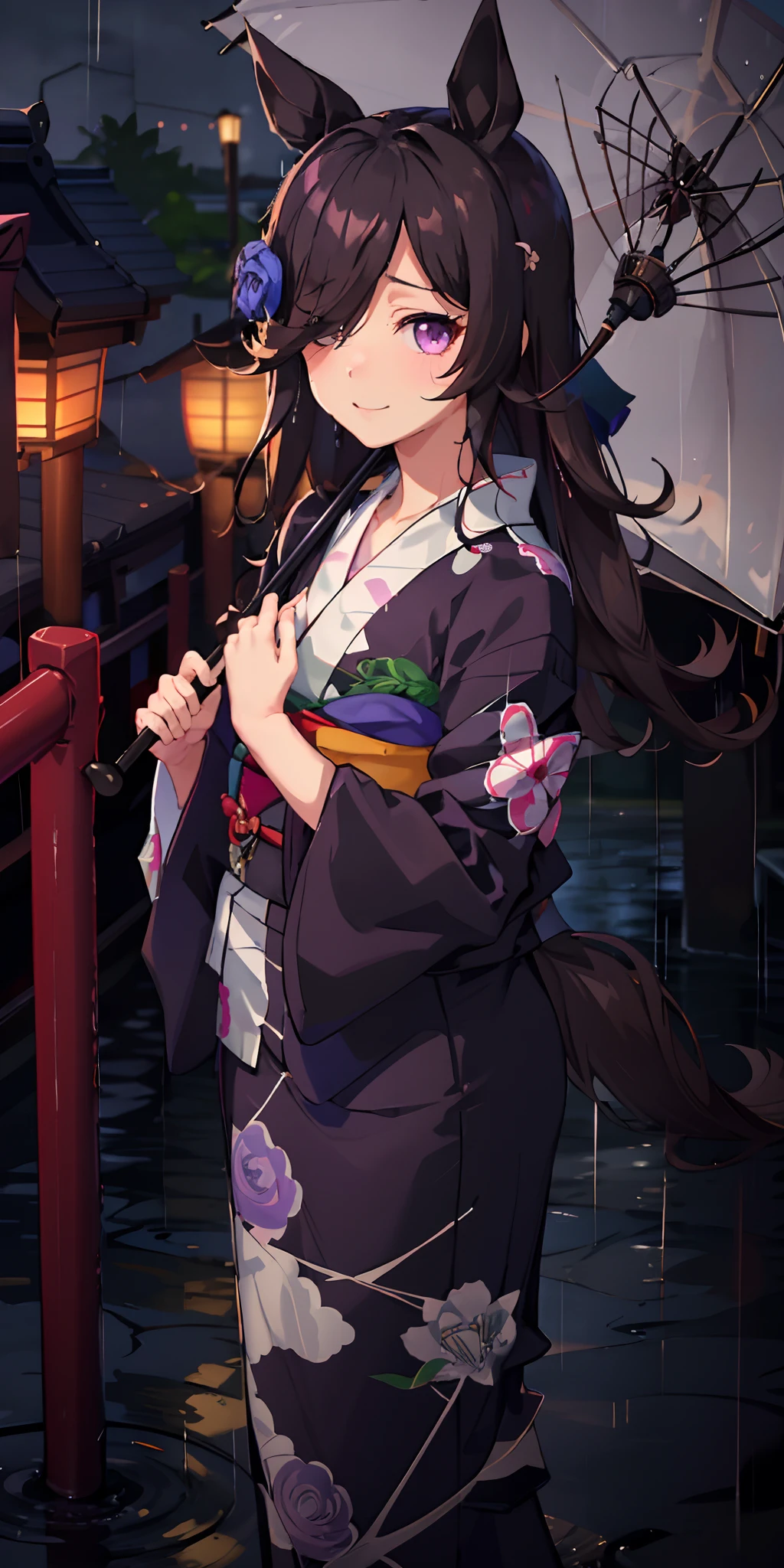 女の子1人、Black hair(long)、Purple Eye、Marl、Hidden in the hair of one eye、Japanese dress((Yukata))、averi((Japanese umbrella))、portlate、side lights、wall-paper、NSFW、Background night、Rainy night sky、rain is falling、foggy((drizzle rain))、A smile、Happiness