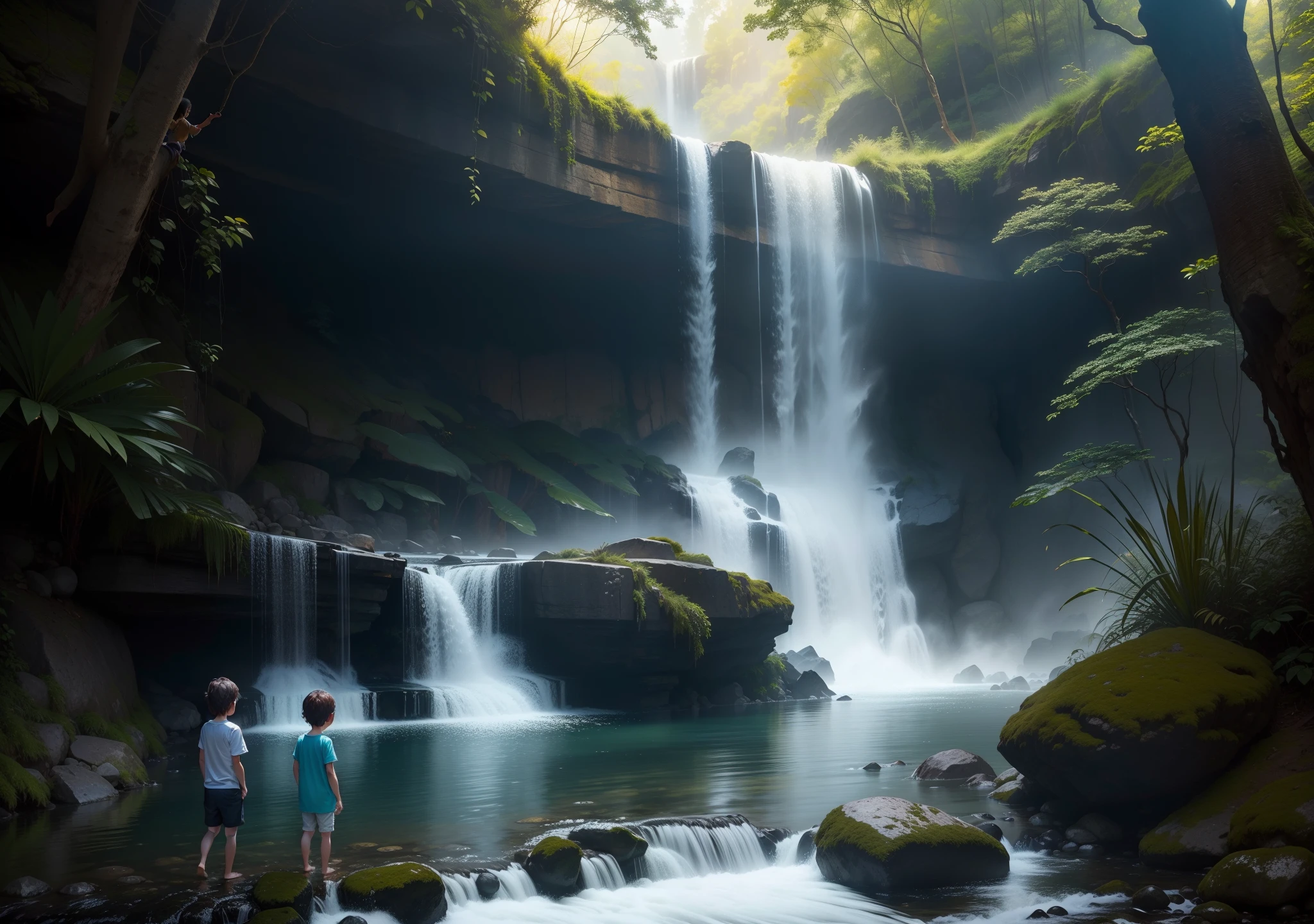 FLUXO NATURAL | How to Achieve High Performance and Personal Success with Serenity, plenitude e leveza UMA CACHOEIRA LINDA DE PERTO, ALTA. FLUINDO AGUA, SOL BRILHANDO, MAXIMUM POSSIBLE REALISM, CORES VIBRANTES, EMOCIONANTE, WITH A CHILD LOOKING AT ENCHANTED WATERFALL