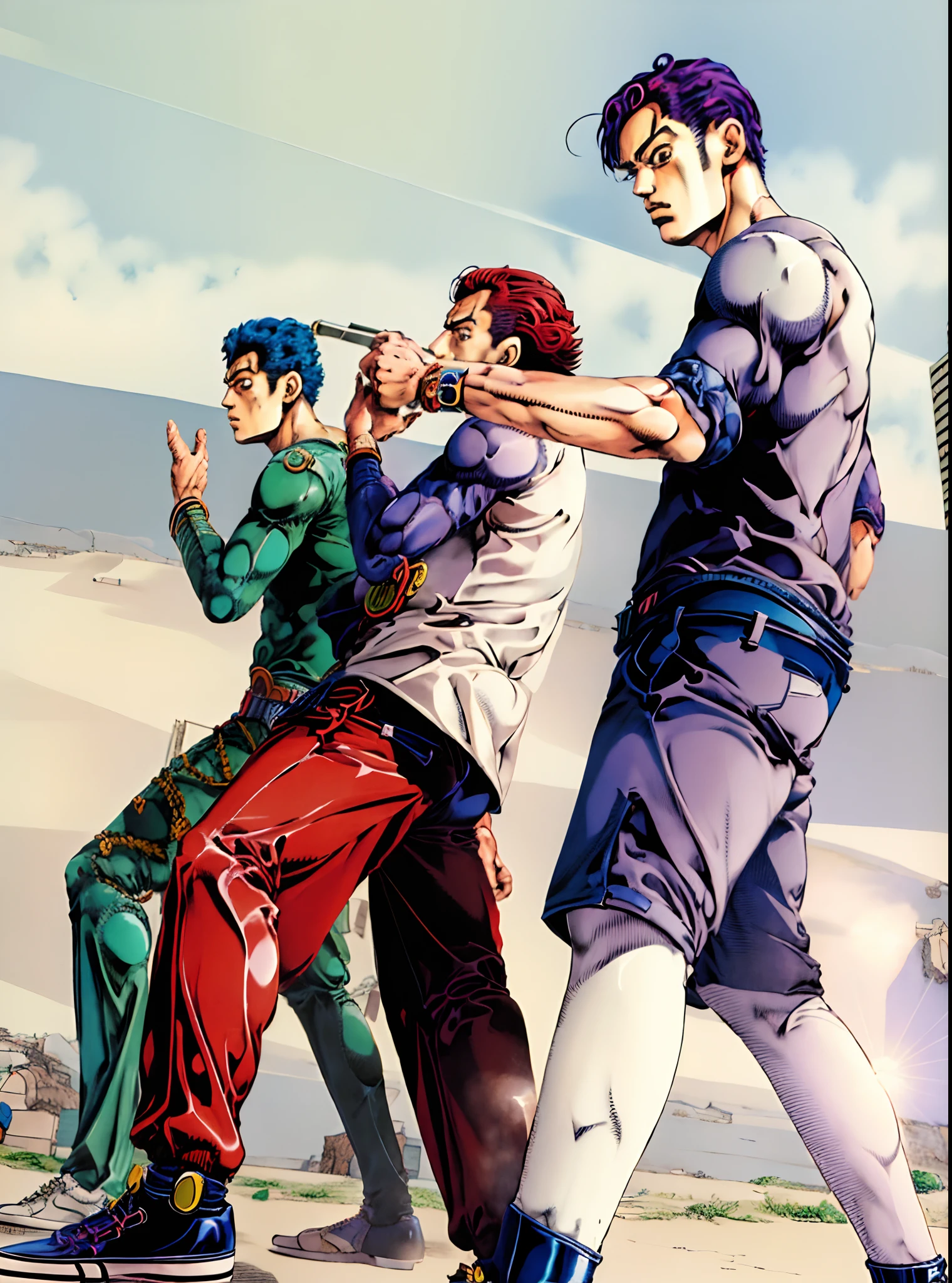 there as 3 guys posing, masterpiece, manga art, best quality, scan, color tones, illustration, anime, simple coloring, jojo style, araki style, muscular bodys, mad face, morioh scenary, very detailed faces, detailed hand,