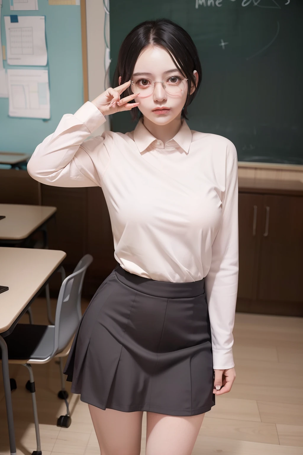 1girl, teacher, glasses, short hair, school uniform, big breast, mini skirt, on the class, innocent face, unity 8k wallpaper, ultra detailed, aesthetic, masterpiece, best quality, photorealistic