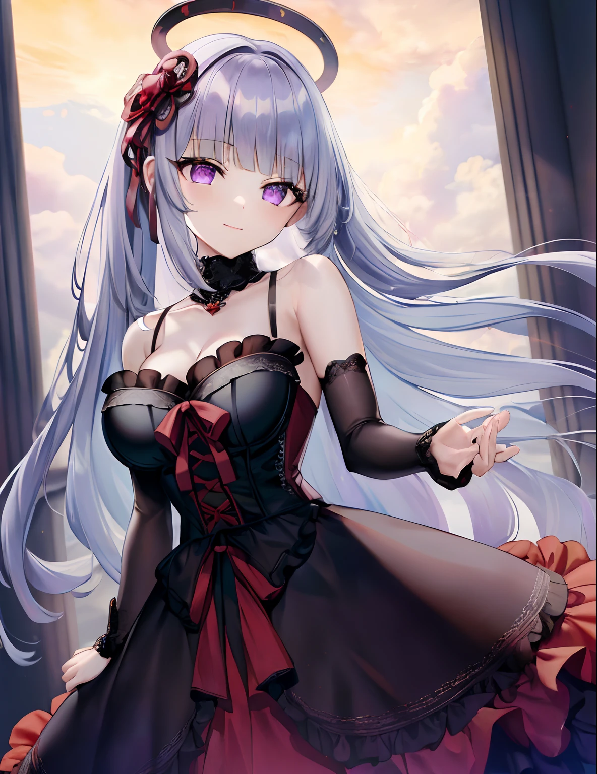 (masterpiece:1.3), (absurdres:1.3), (best quality:1.3), (ultra-detailed:1.3),(best shadow:0.7), (handled hair), perfect anatomy, 1girl, solo, noa, noa-outfit, halo, grey hair, purple eyes, blunt bangs, very long hair, sleeveless, bondage_outfit, dominatrix,