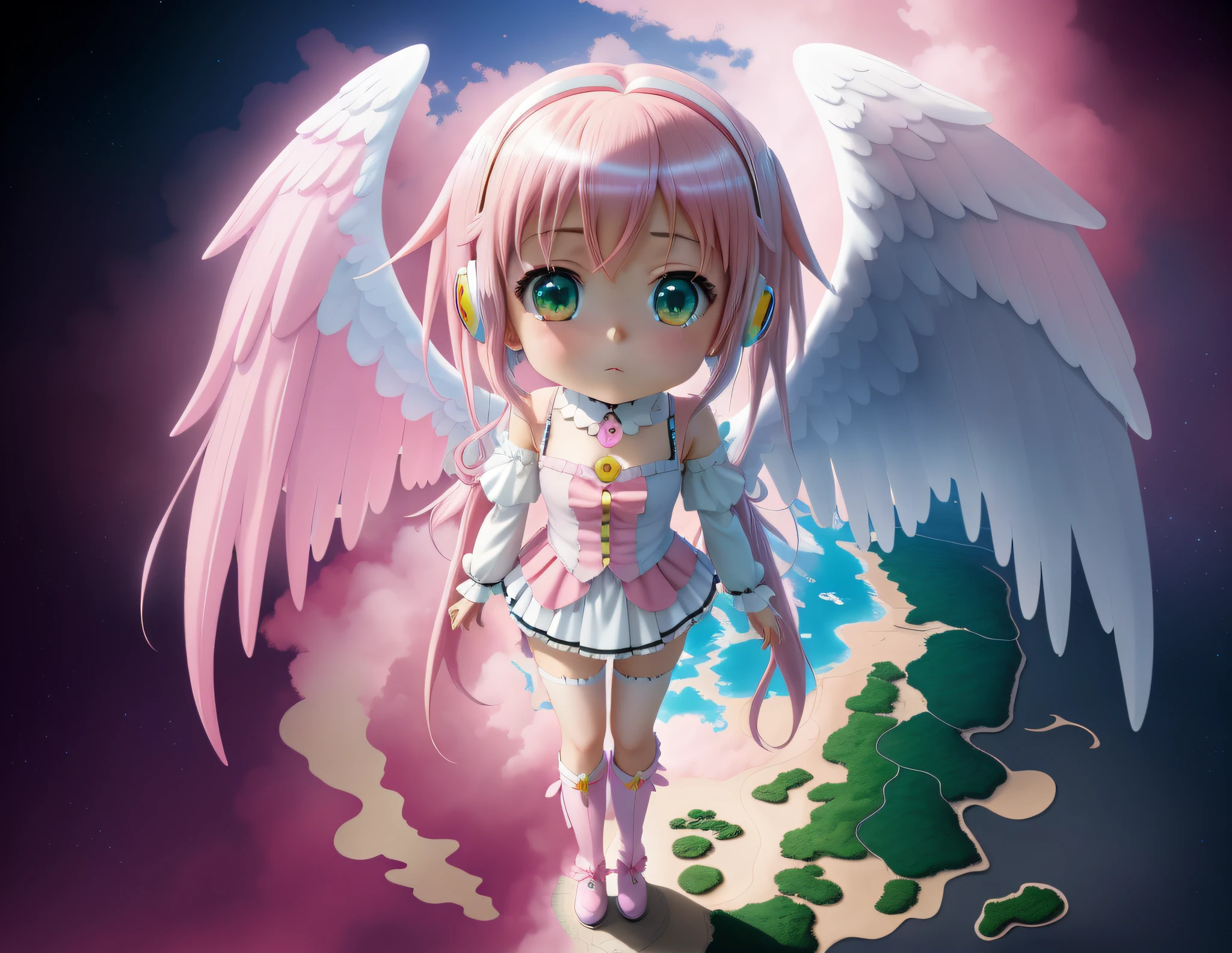 Anime girl with pink hair and green eyes and pink hair, madoka kaname, angel knight girl, pink twintail hair and cyan eyes, anime chibi, anime girl named lucy, Sakura Kinomoto, Anime goddess, Chibi anime girl, chibi anime, ethereal anime, An angel, angel knight gothic girl, inspired by Yuki Ogura, Anime figure, Cute anime,Icarus,Japanese anime fell from the sky,Q version