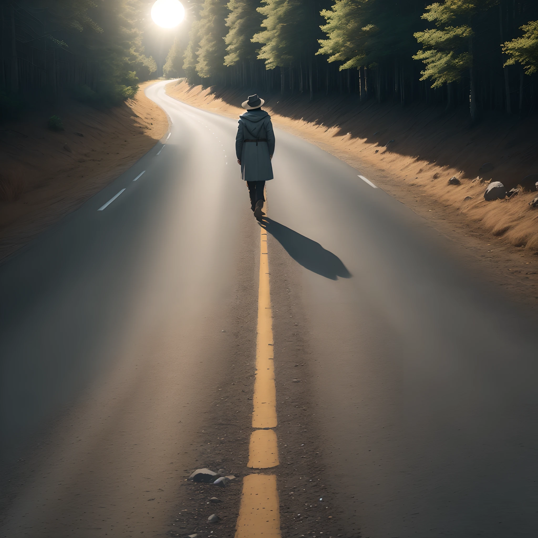 A road full of rocks full of boulders high and low traveler walking alone pilgrim ragged, sad on the road with hat, coat, the road is long, bush on one side, bush on the other, the person alone with the suitcase walking, looking forward, the target, the beautiful sun, beautiful landscape, 4K, 8k challenge from the front, the dark fear, but proceeding forward, road ahead;