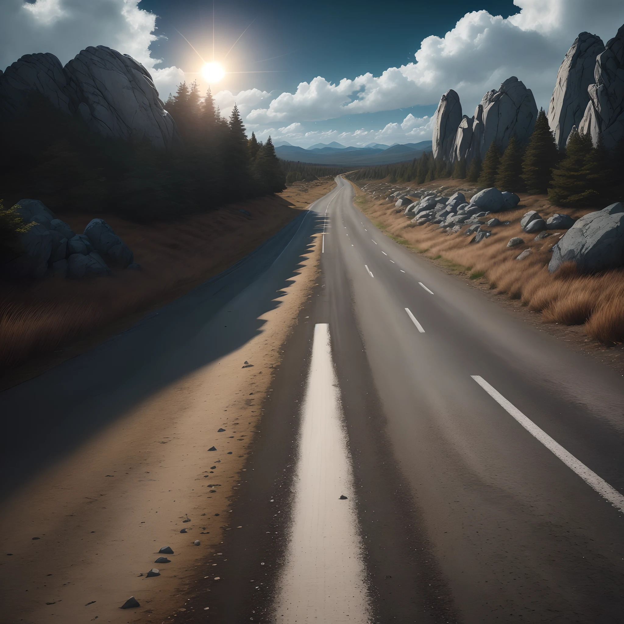 A road full of rocks full of boulders high and low traveler walking alone pilgrim ragged, sad on the road with hat, coat, the road is long, bush on one side, bush on the other, the person alone with the suitcase walking, looking forward, the target, the beautiful sun, beautiful landscape, 4K, 8k challenge from the front, the dark fear, but proceeding forward, road ahead;